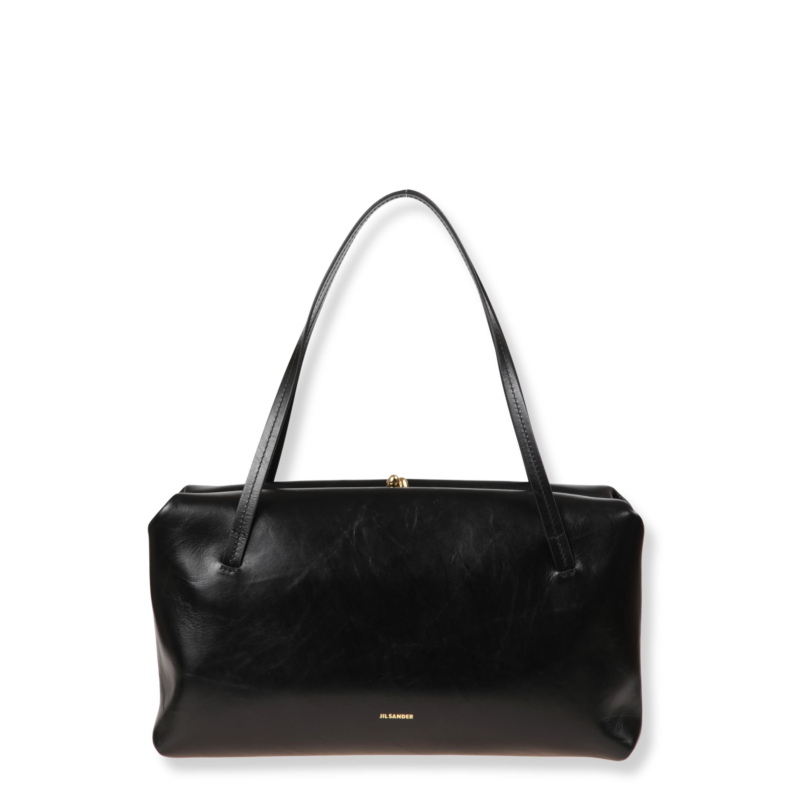 Borsa a mano jil sander. corpo in pelle con leggero effetto usato. chiusura a scatto e doppi manici superiori.