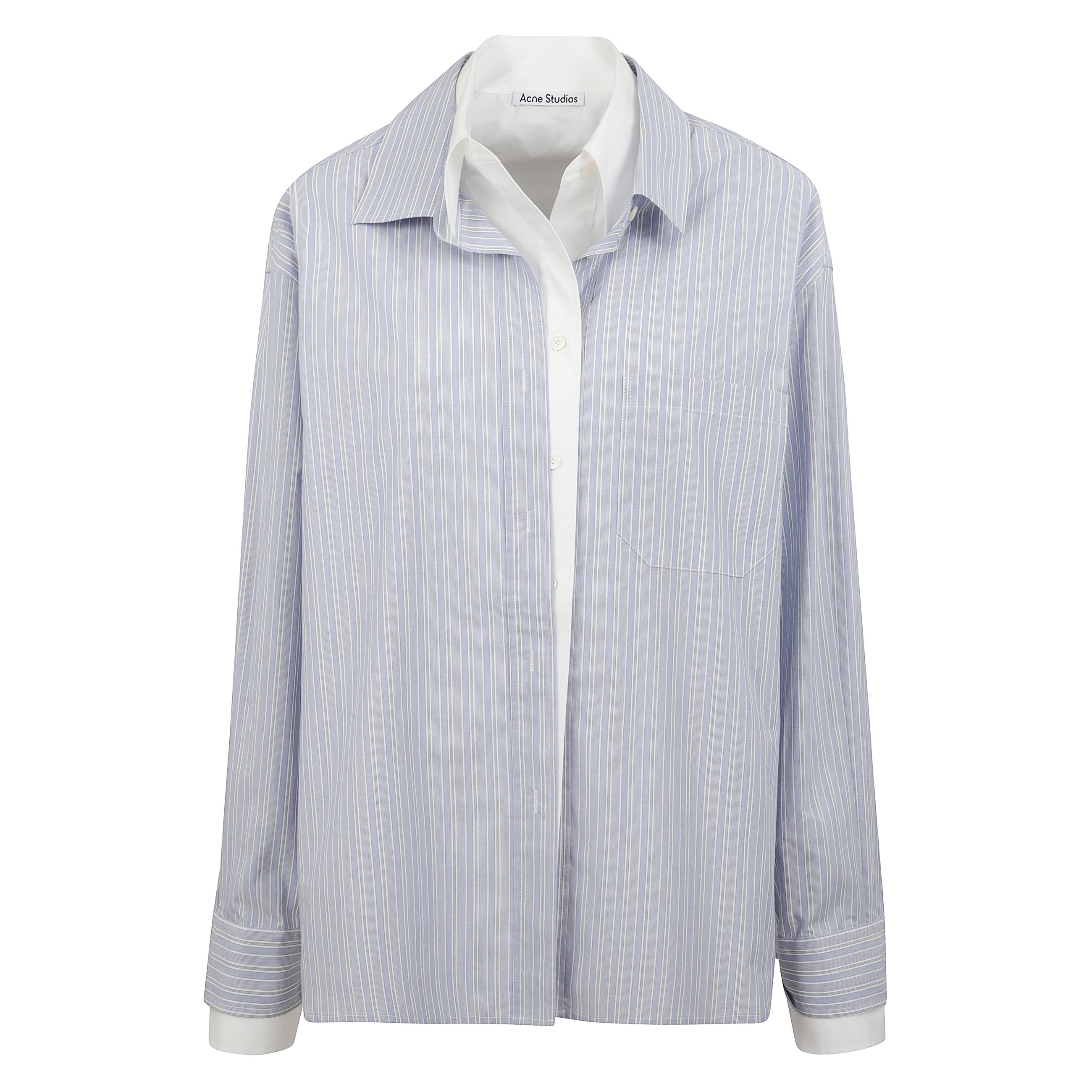 Camicia a maniche lunghe con struttura a doppio strato. sottostrato bianco a contrasto. soprastrato a righe verticali sottili. tasca a filetto sul petto.