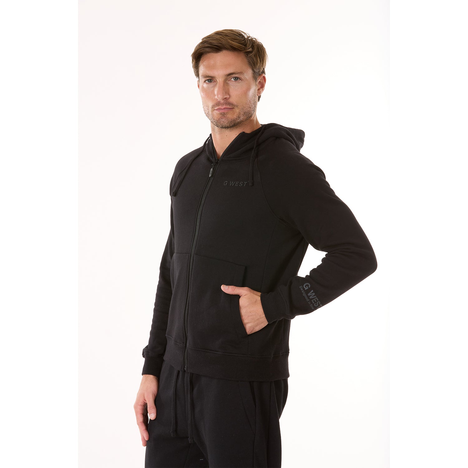 G WEST MENS FLEECE ZIPPER HOODIE - JET BLACK