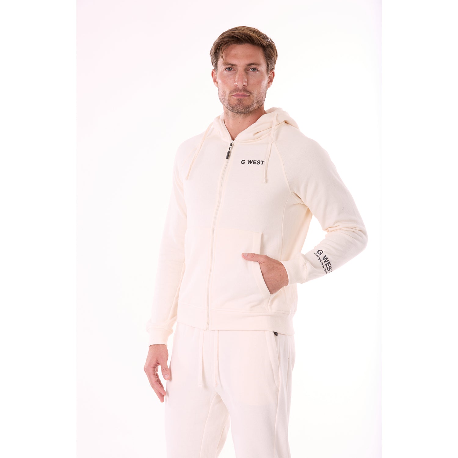 G WEST MENS FLEECE ZIPPER HOODIE - WHISPER WHITE