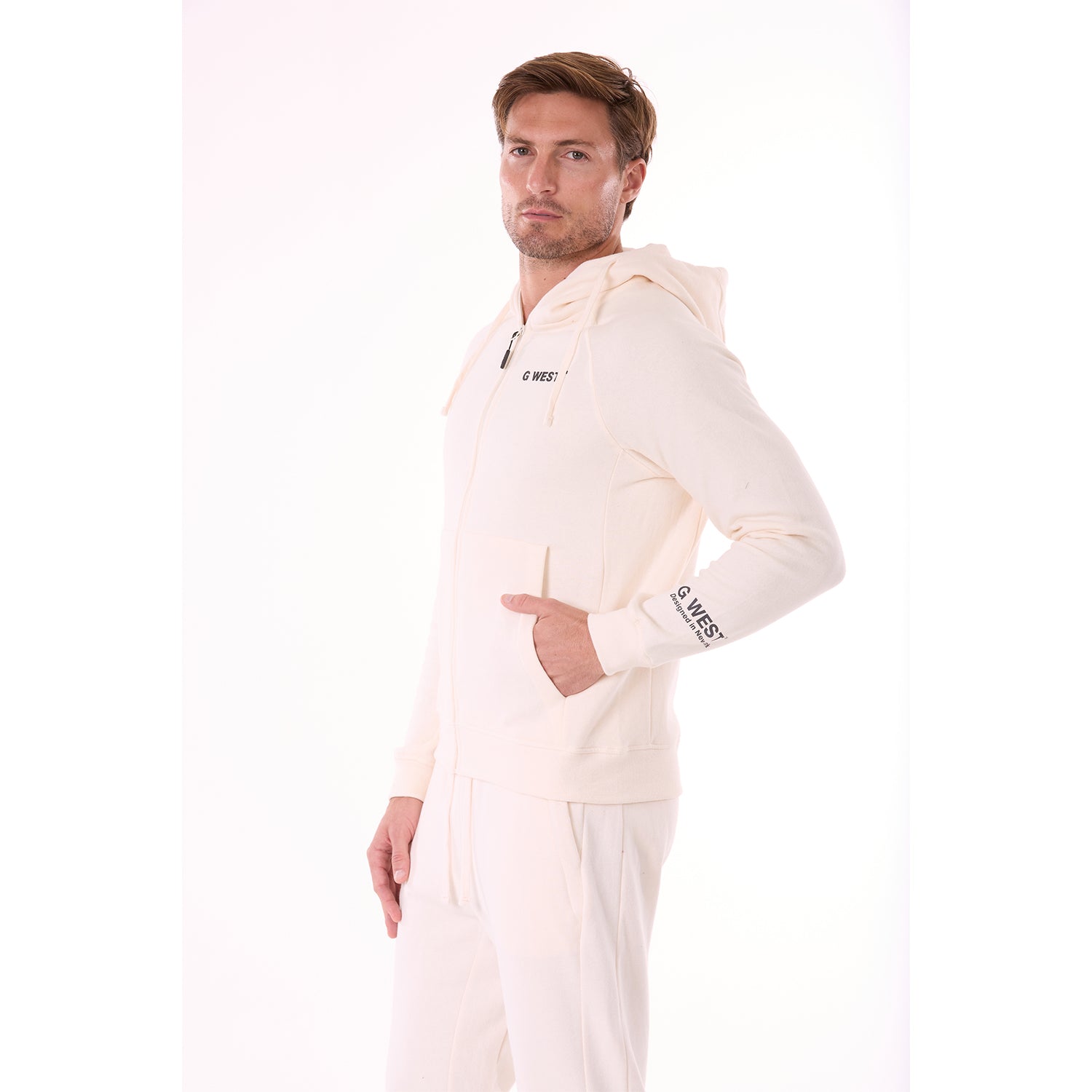 G WEST MENS FLEECE ZIPPER HOODIE - WHISPER WHITE