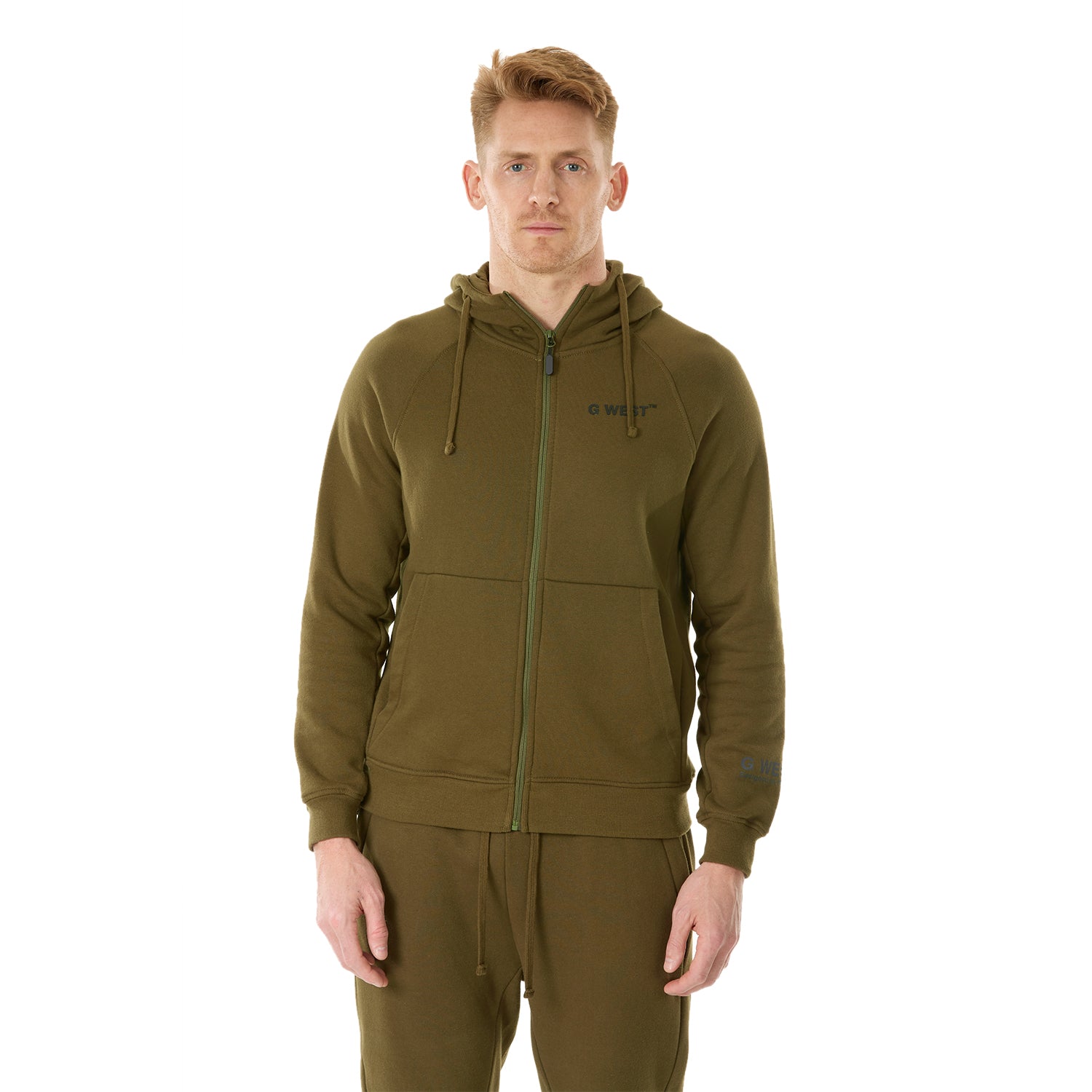 G WEST MENS FLEECE ZIPPER HOODIE - DARK OLIVE