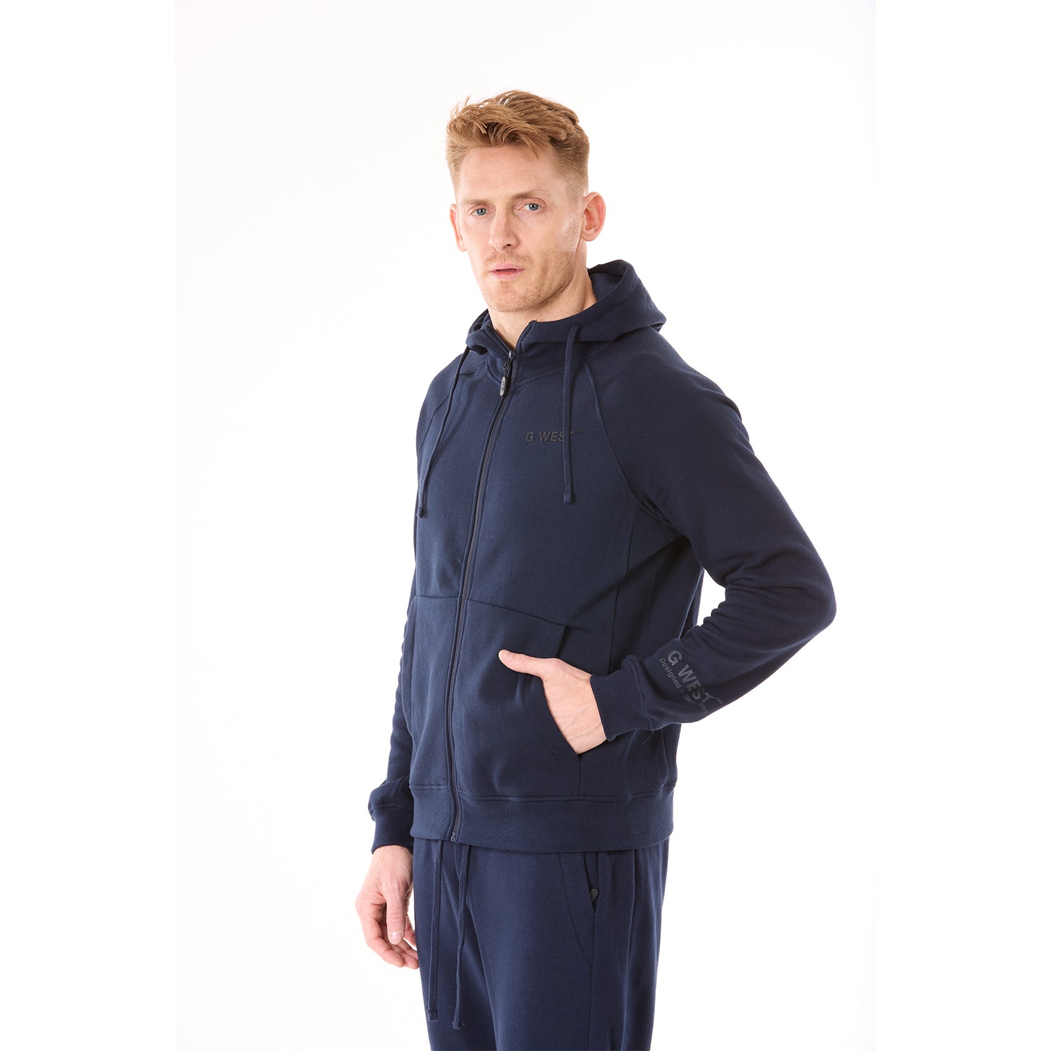 G WEST MENS FLEECE ZIPPER HOODIE - NAVY BLAZER