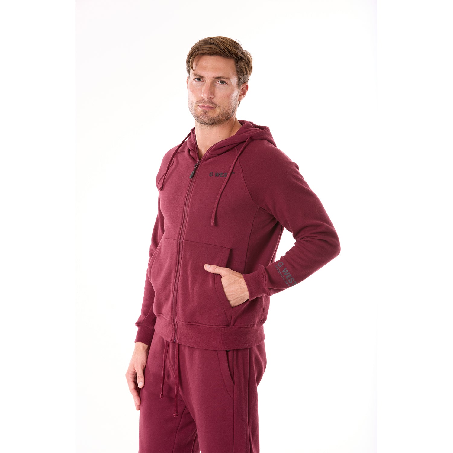 G WEST MENS FLEECE ZIPPER HOODIE - BURGUNDY