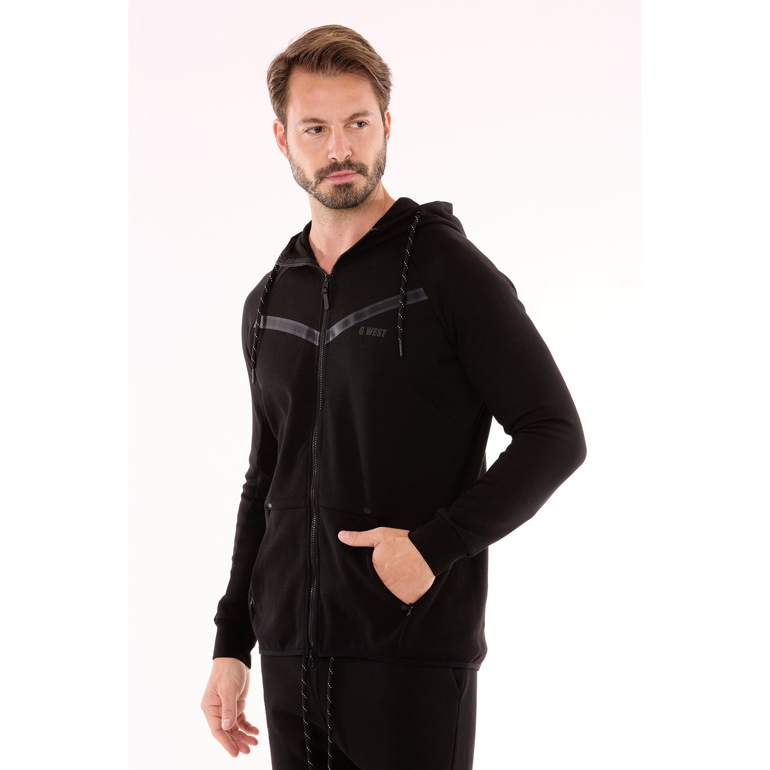 G WEST MENS FLEECE ZIPPER HOODIE - BLACK