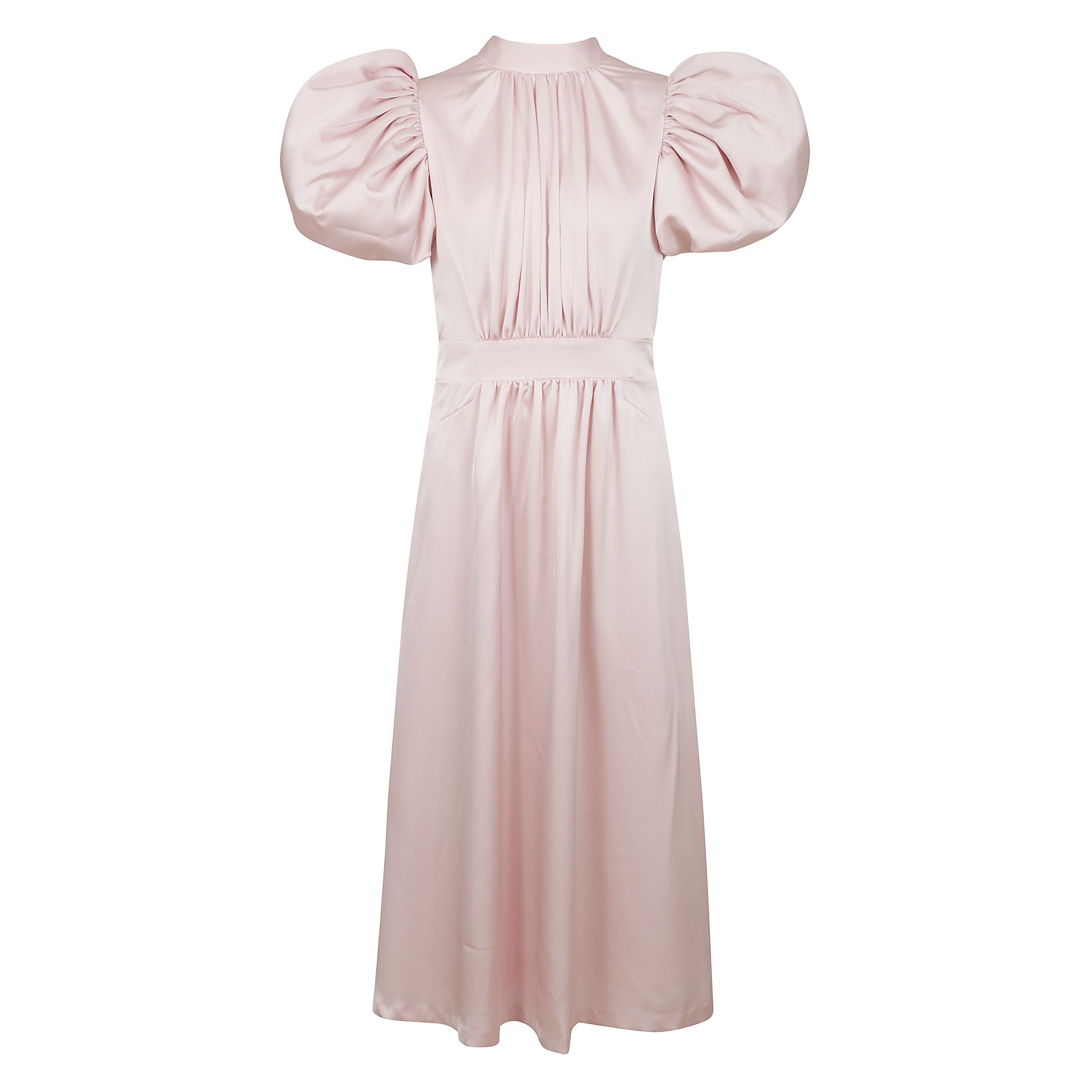 Il raso puff midi dress rosa presenta voluminose maniche a soffio e una silhouette mitica lusinghiero. il design include un dettaglio di legatura sul collo, una cravatta in vita per la definizione e una parte posteriore elastica per maggiore comfort e fle