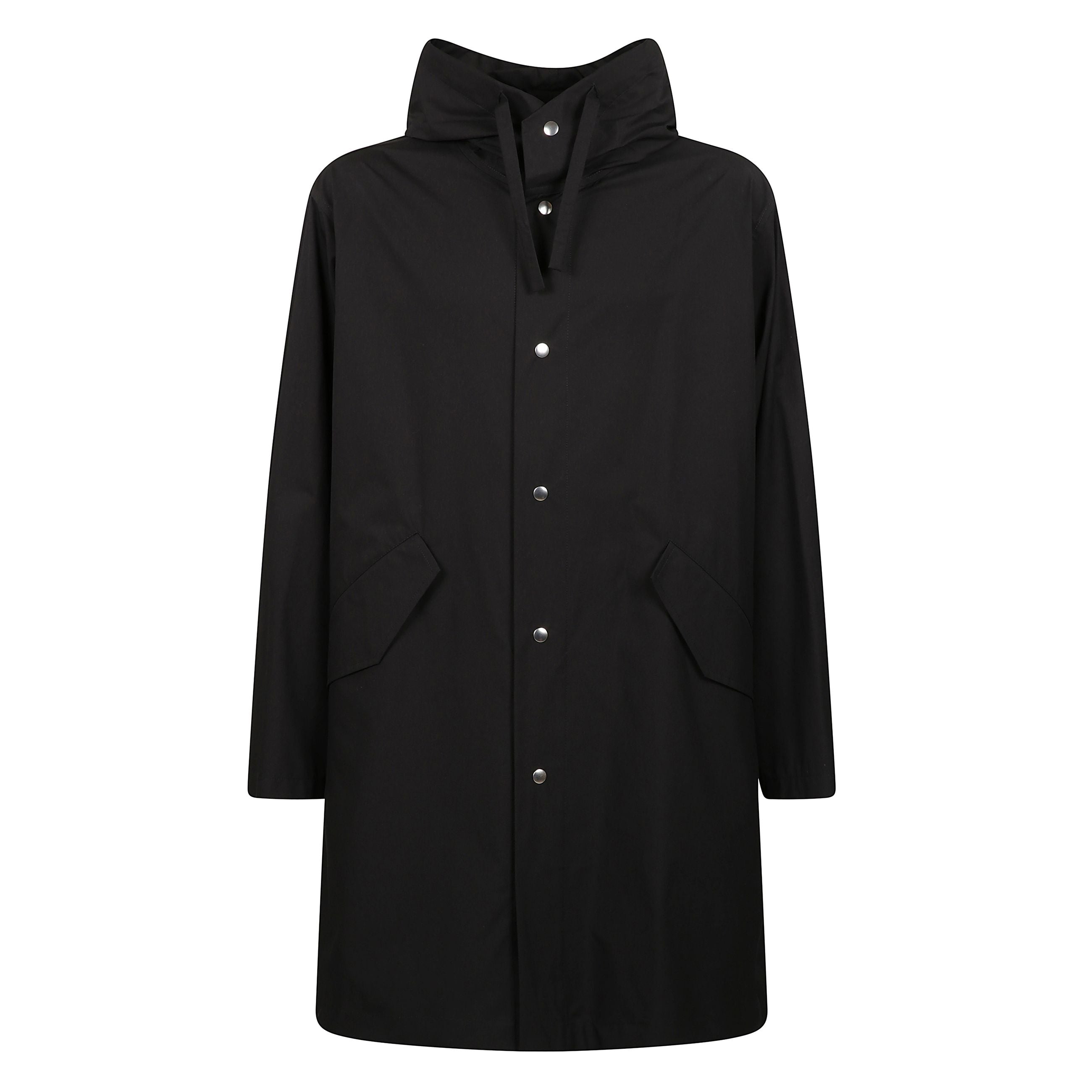 Parka stampa 'jil sander' sul retro in cotone nero con cappuccio, vestibilità over e chiusura frontale con bottoni e tasche laterali