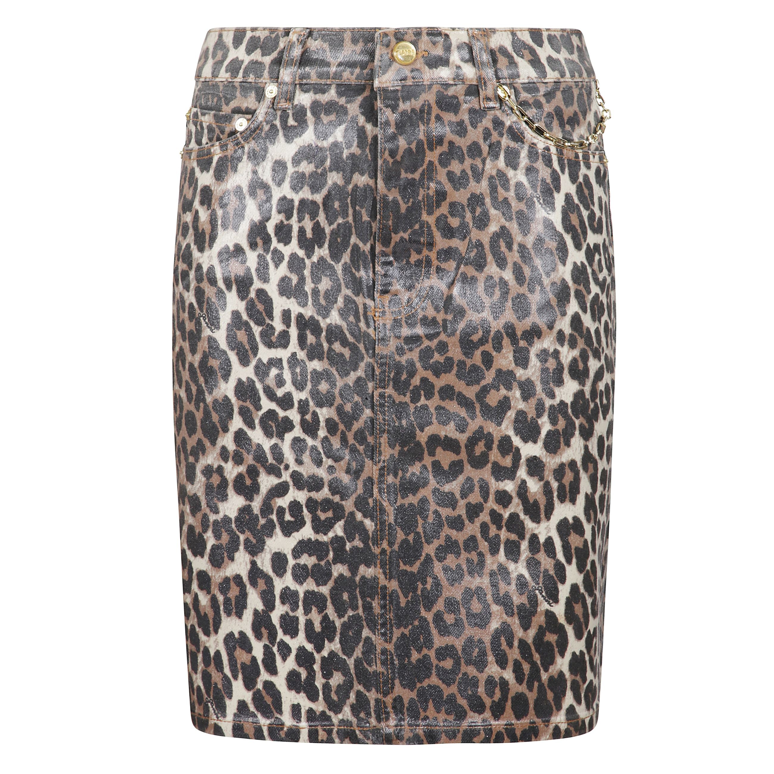 Gonna in denim con stampa leopardata a 5 tasche e logo ganni sulla tasca posteriore