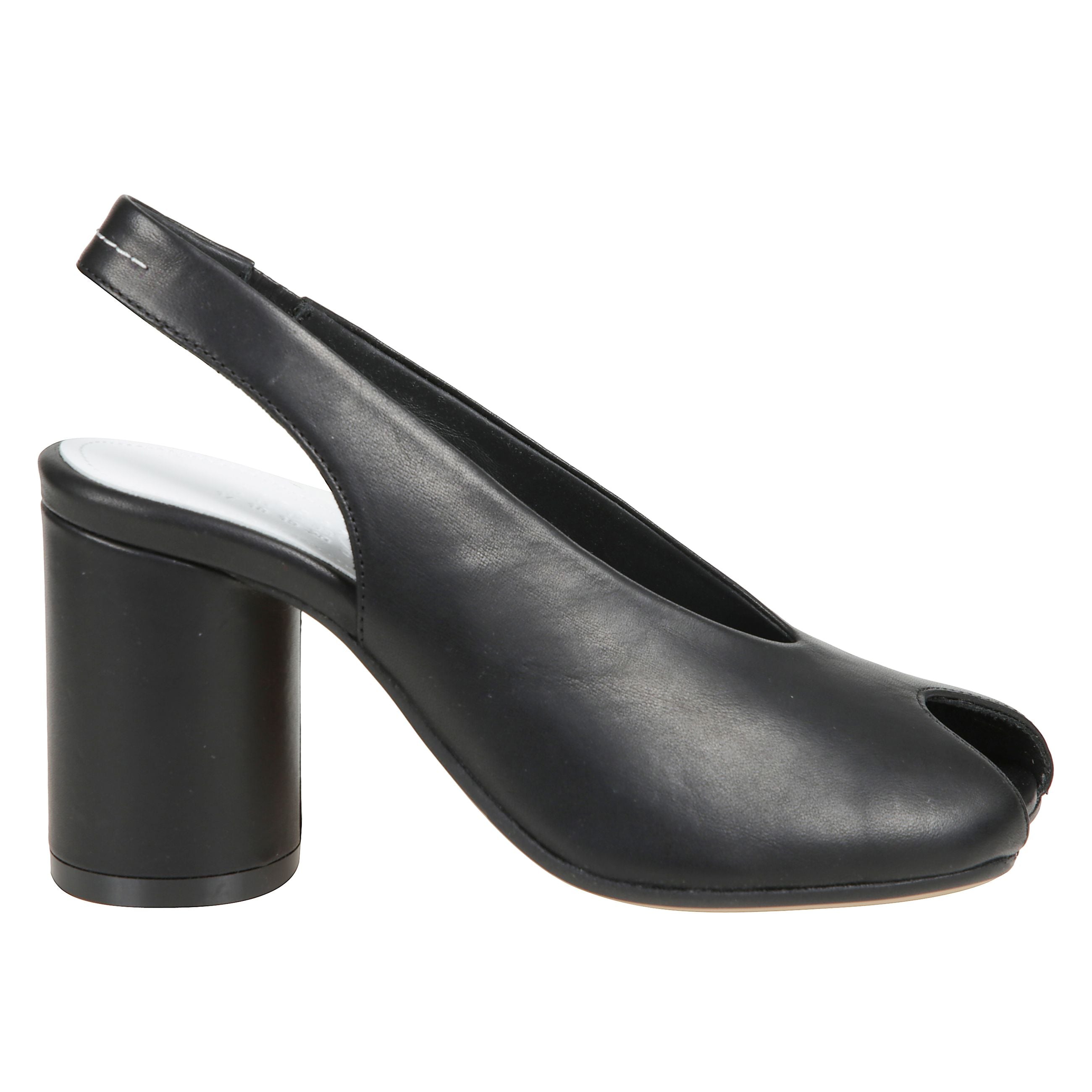 Decollete con cinturino posteriore, punta aperta e asimmetrica e tacco alto a blocco