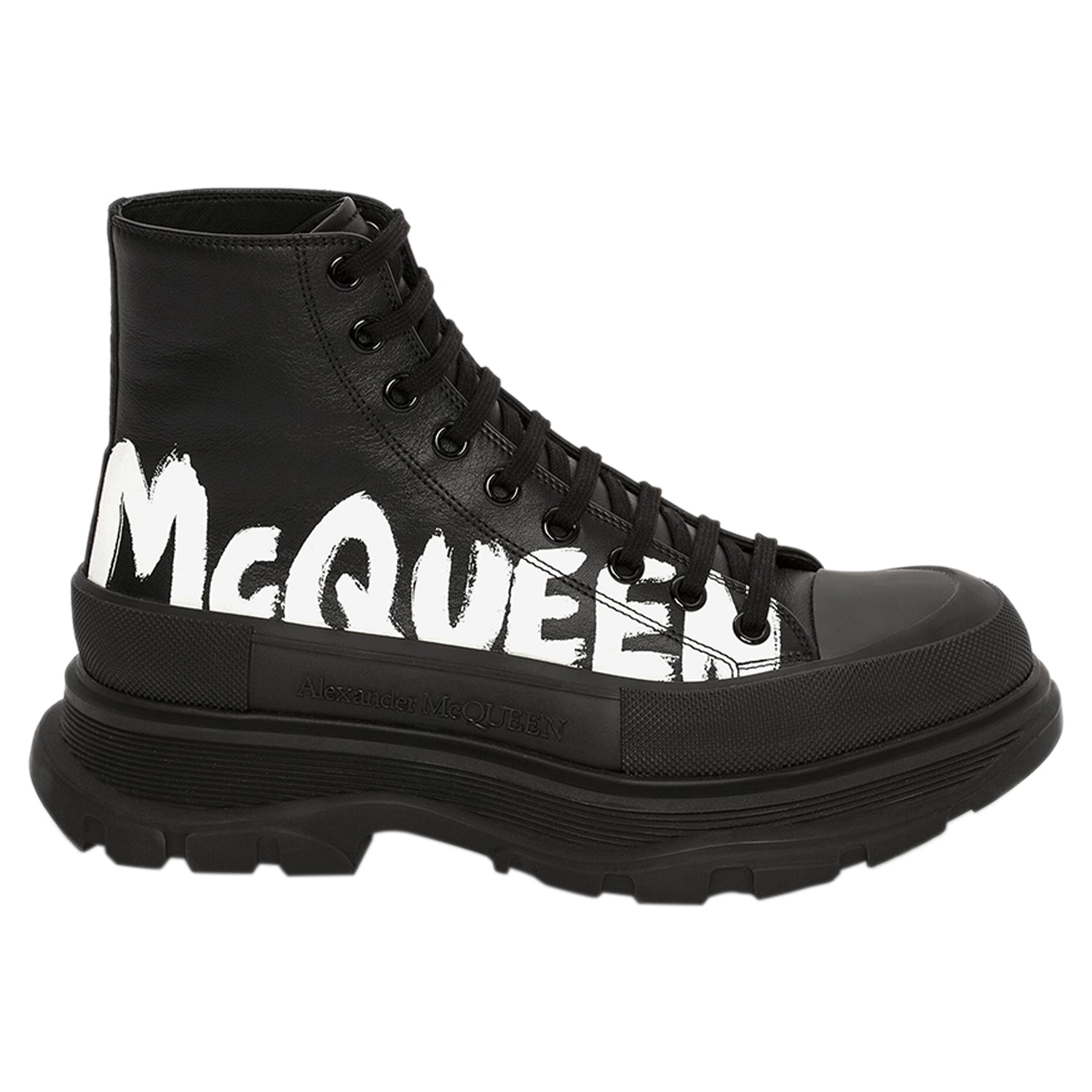 Alexander McQueen Tread Slick Boot Leather Graffiti Black White