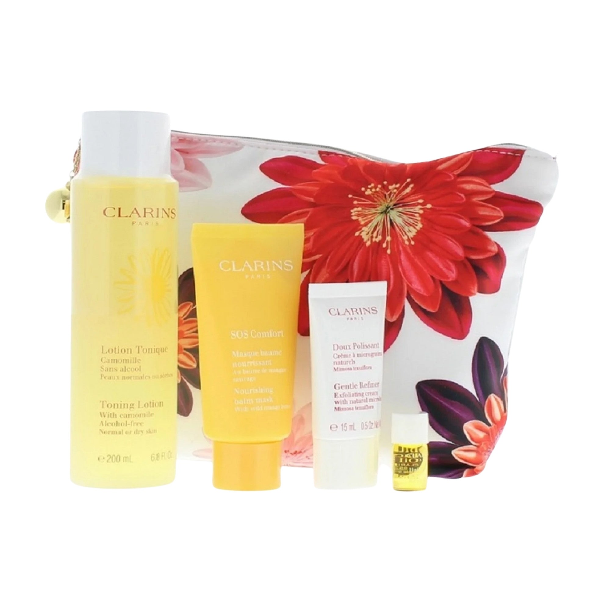 Clarins Programme Douceur 4pc Kit (Toning Lotion with Camomile 200ml, SOS Comfort Nourishing Balm Mask 75ml, Gentle Refiner Exfoliating Cream 15ml, Lotus Face Treatment Oil)