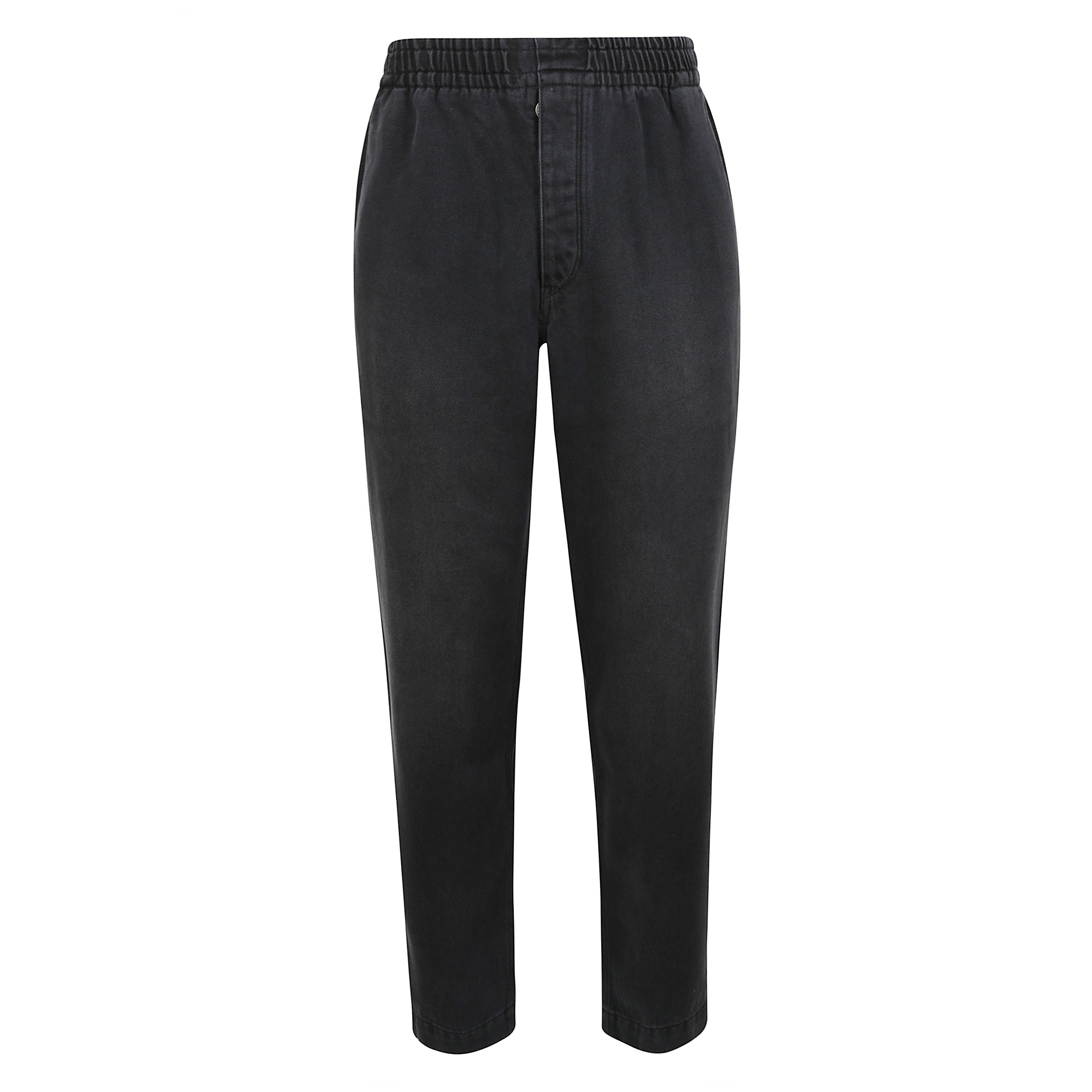 Jeans a gamba larga timeo, chiusura con bottoni ed elastico in vita.