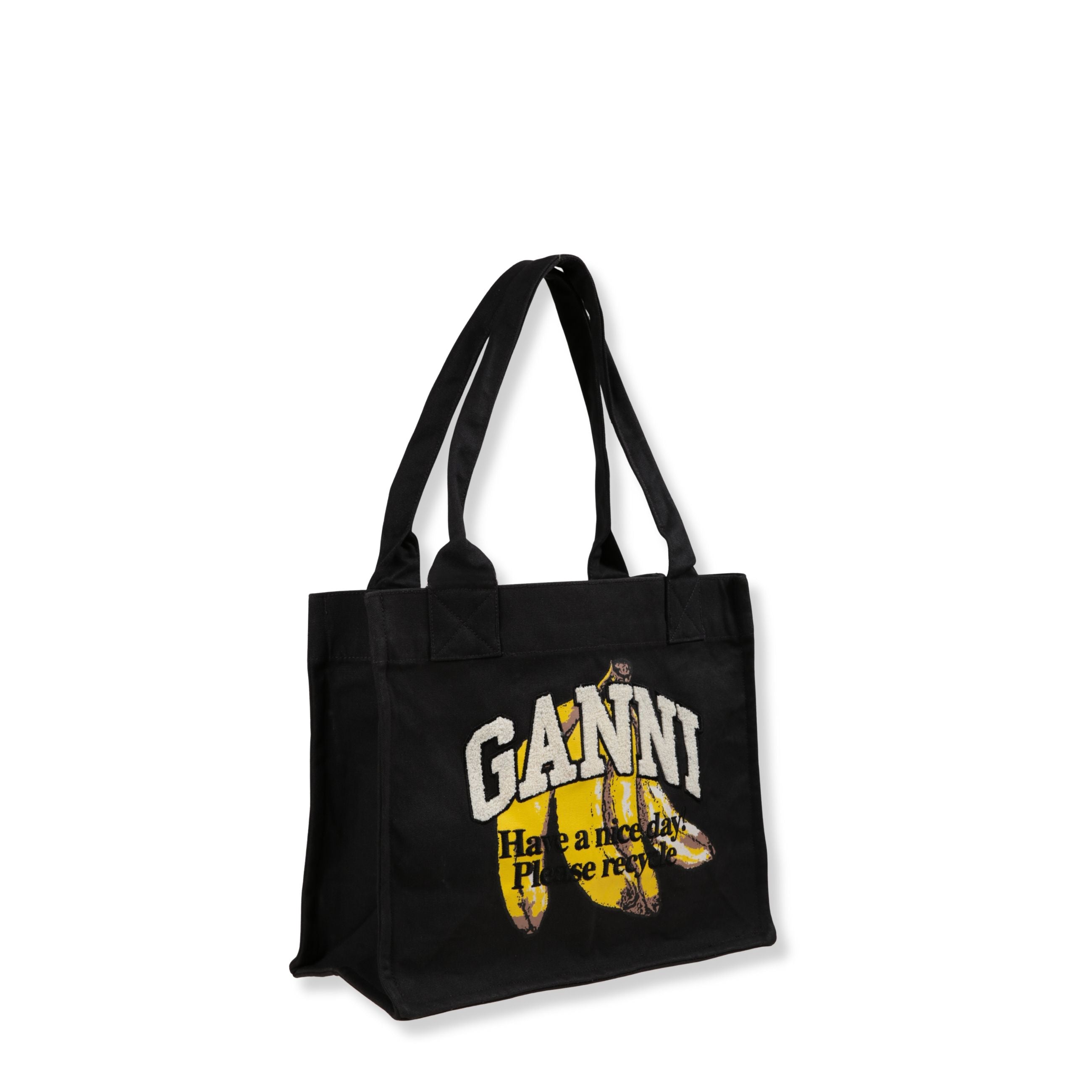 Borsa a mano ganni in tela. formato shopper bag con doppi manici superiori. tinta unita con stampa sul fronte.