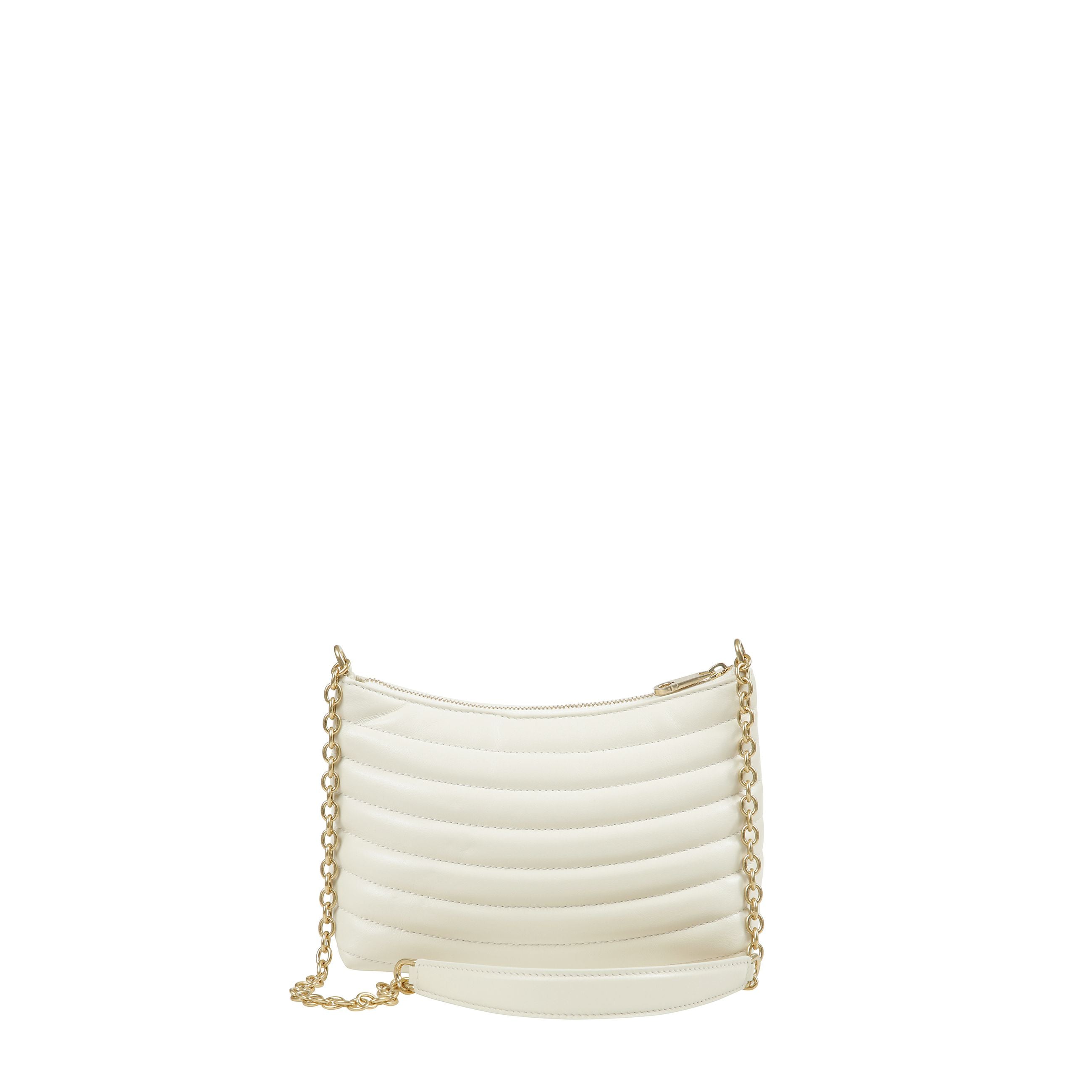 Mini bag a tracolla con catena dal design in pelle ondulata, ha come dettagli dei gancini sulla parte anteriore.