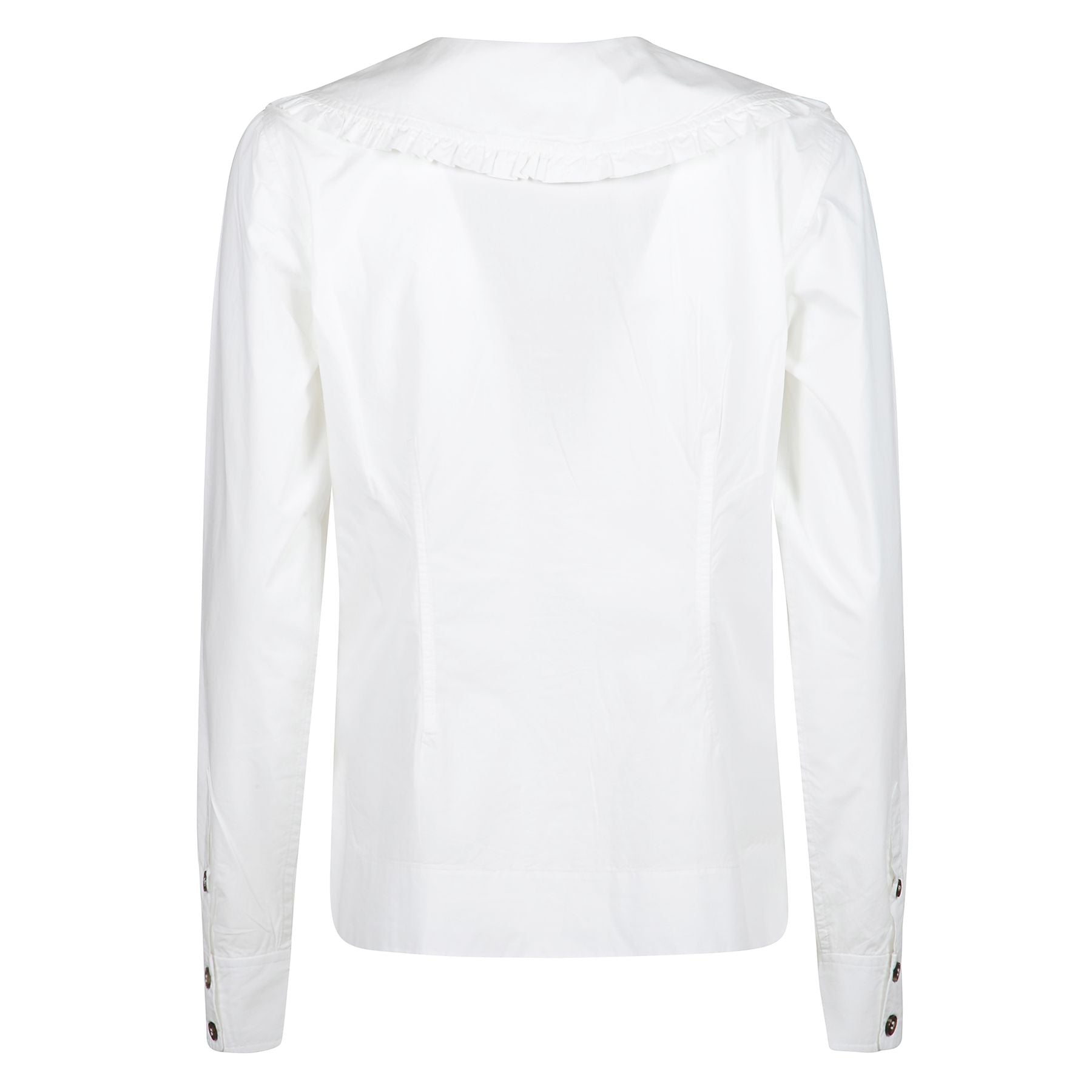 Camicia in popeline di cotone con scollo a v e volant sul collo