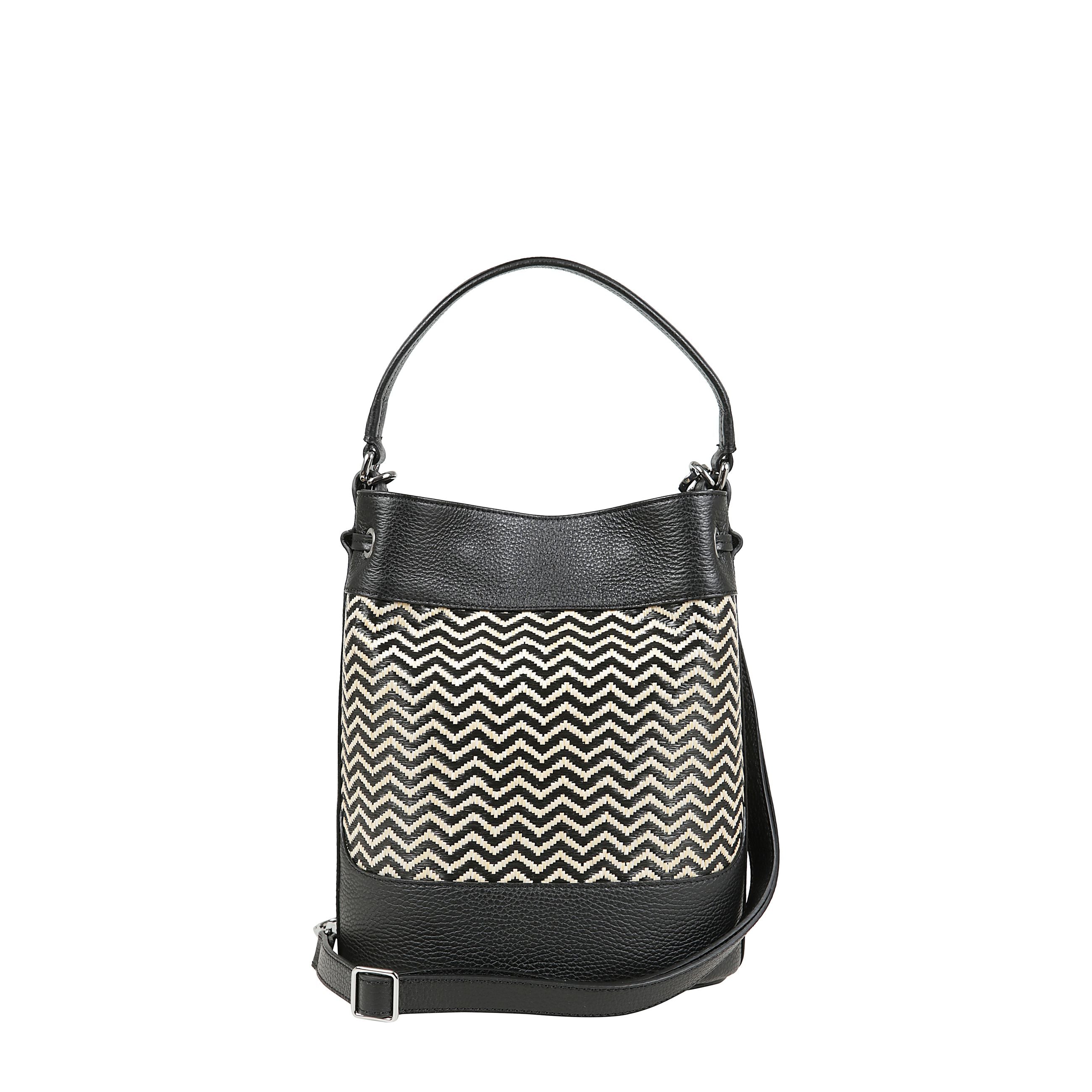 Borsa a secchiello con manico superiore e tracolla, chiusura a coulisse e dettaglio girello