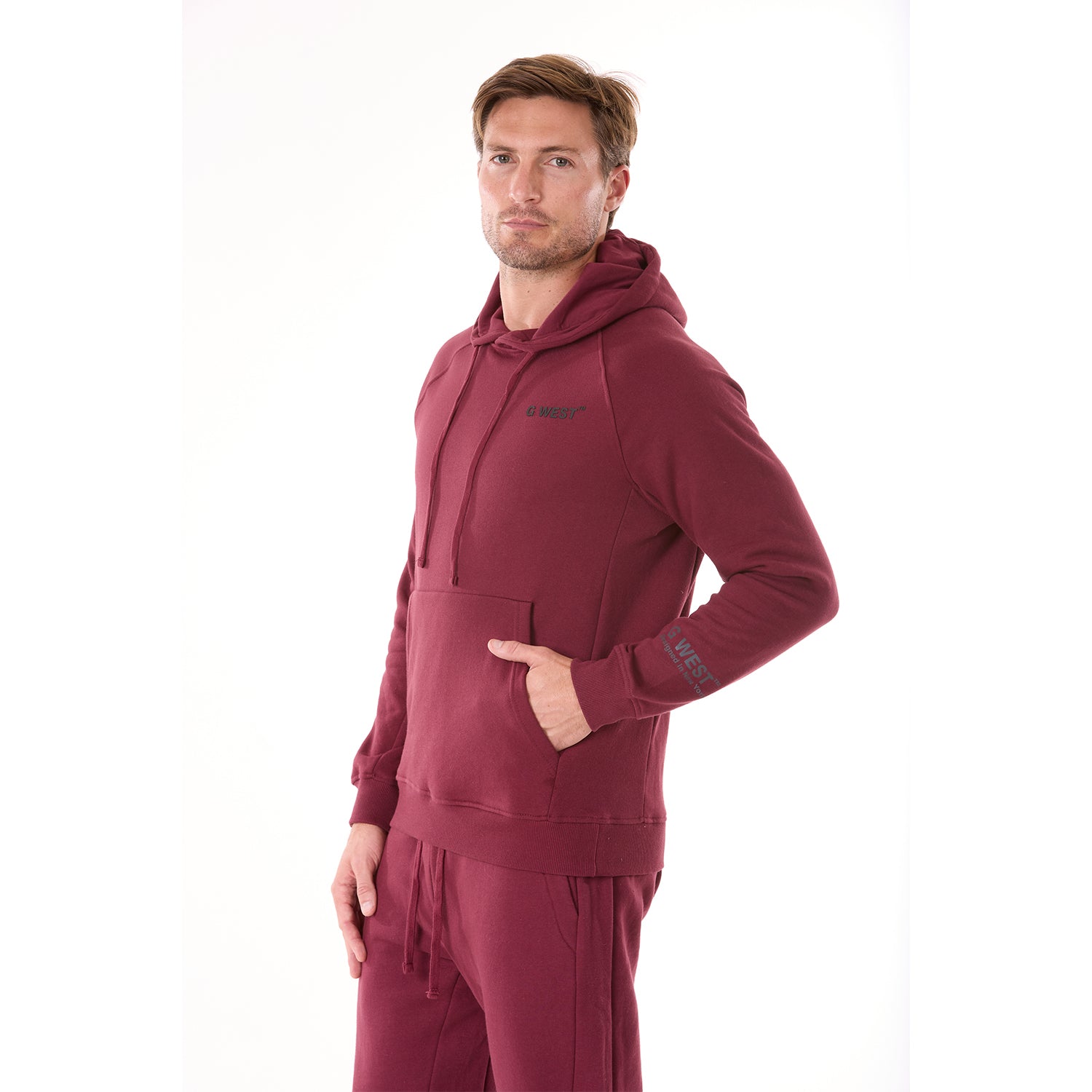 G WEST MENS FLEECE PULLOVER HOODIE - BURGUNDY