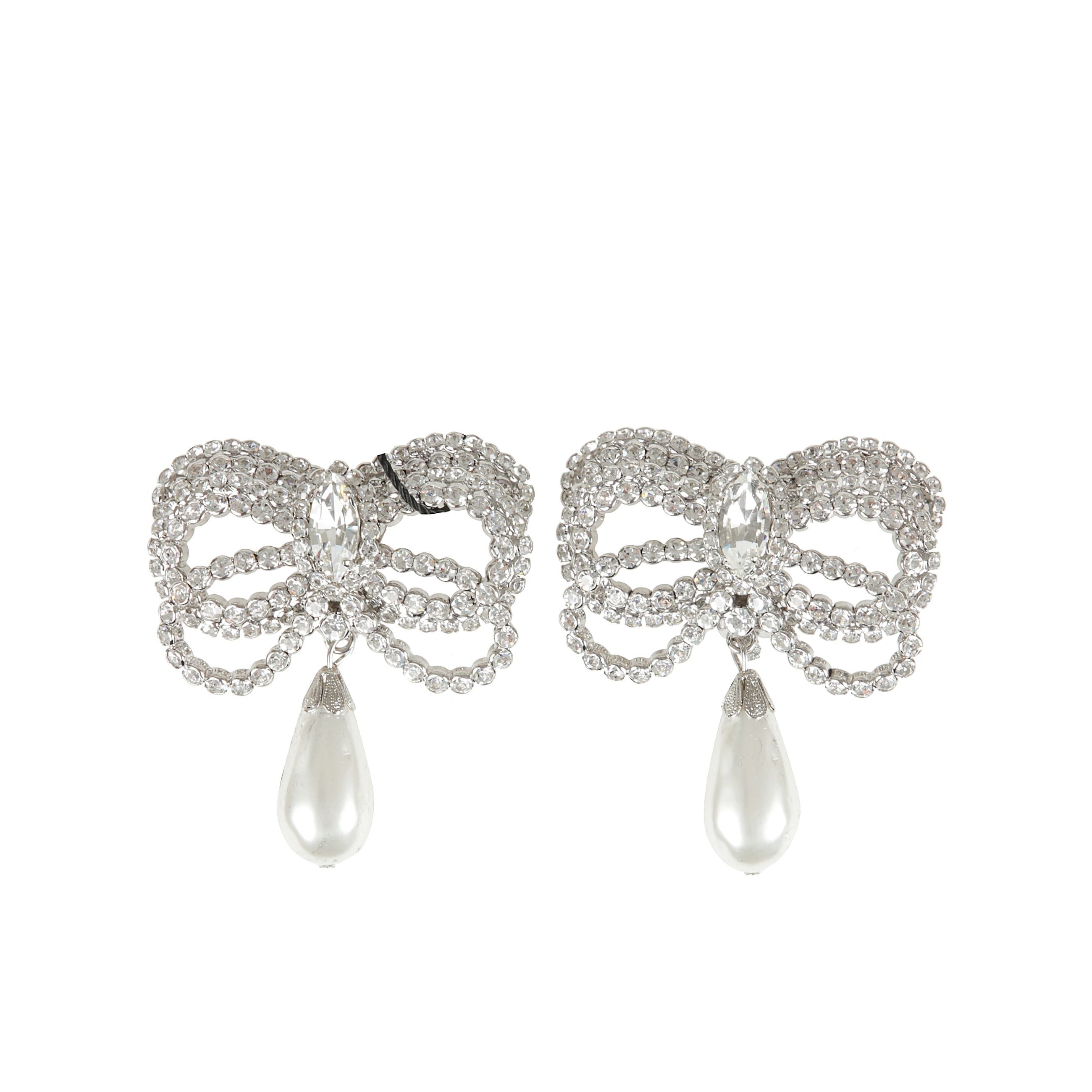 Crystal bow earrings with pendant pearl.