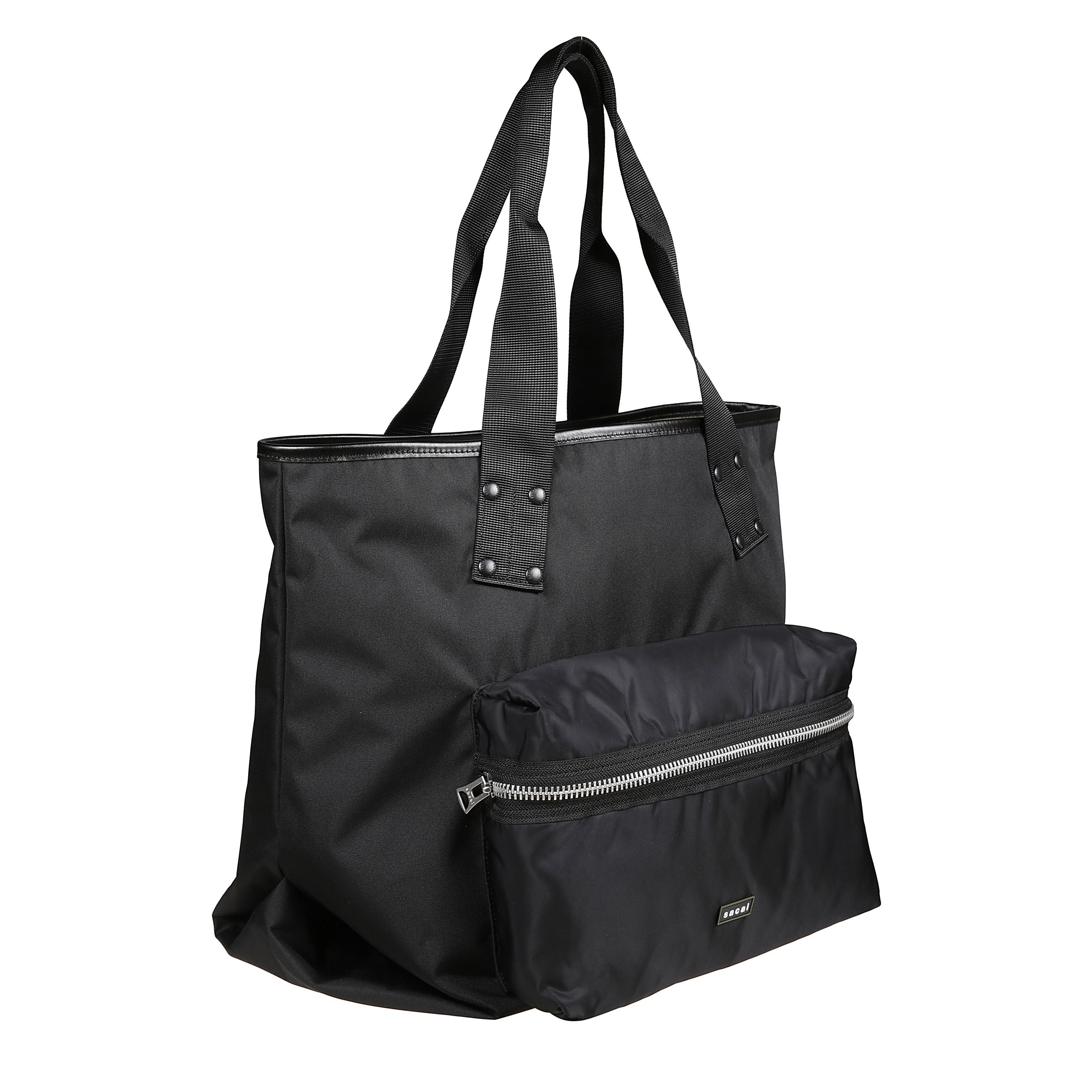 Borsa tote grande pocket con
due manici piatti e tasca frontale con zip