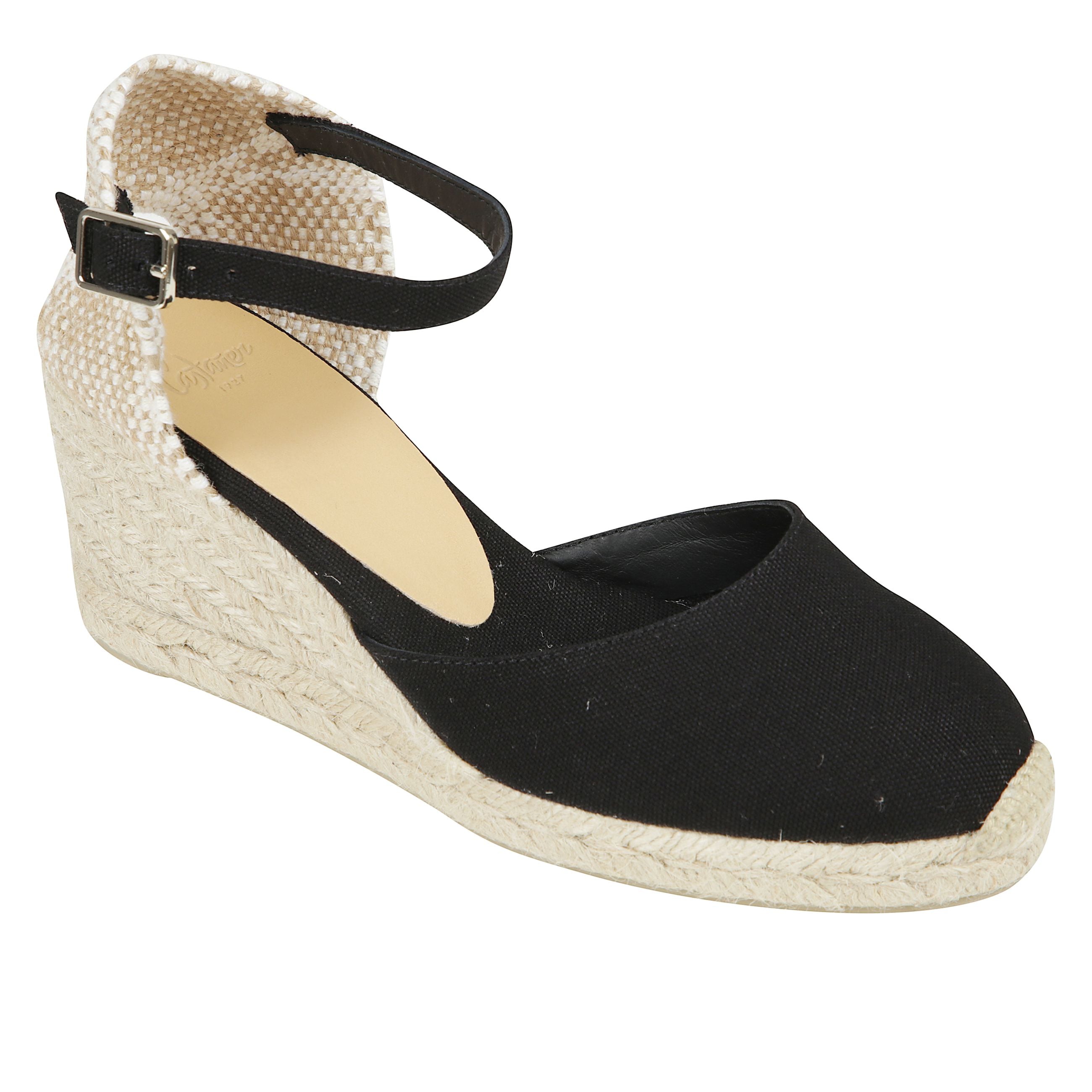 Espadrilla carol in cotone organico con chiusura a cinturino, soletta imbottita e zeppa in juta di 7 cm.