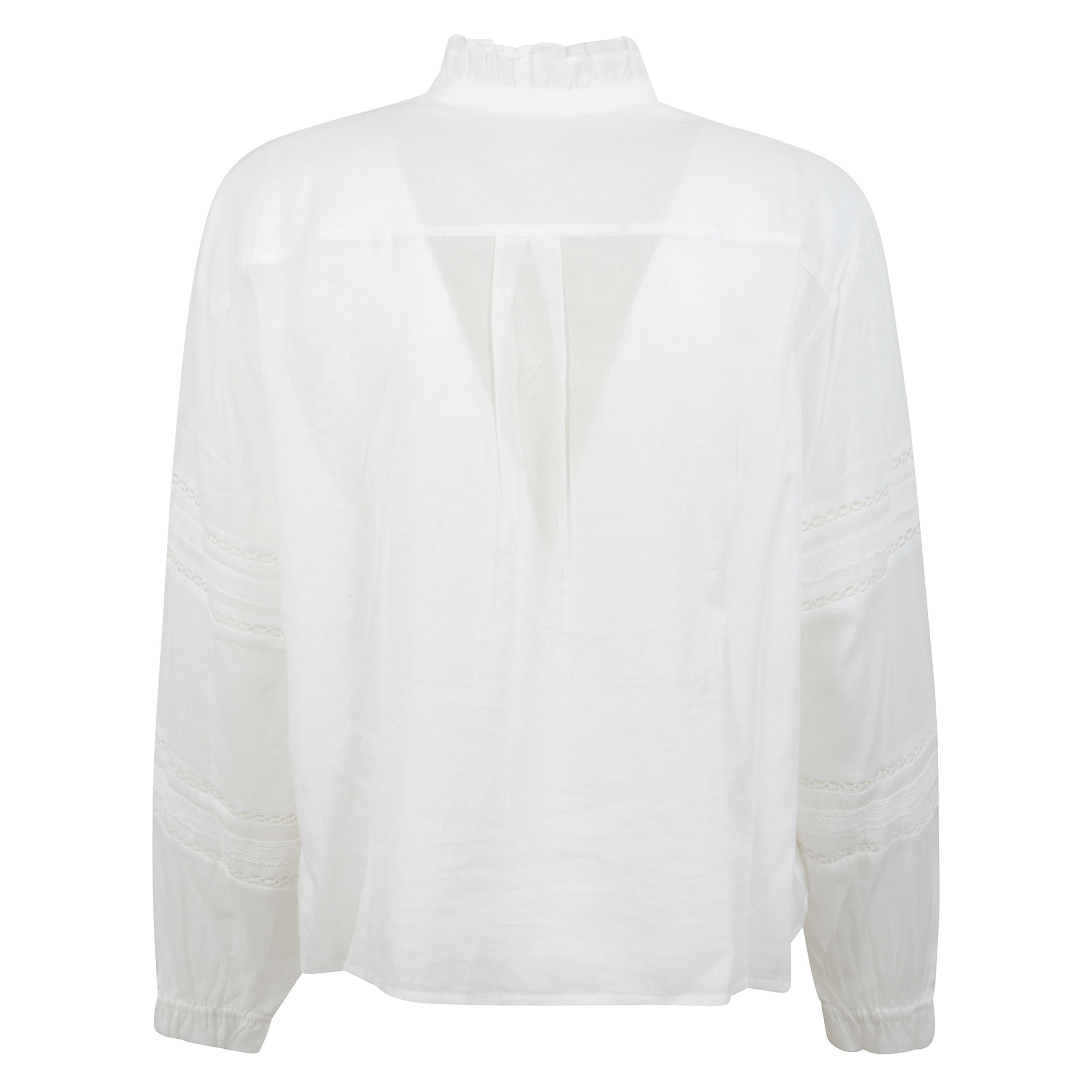 Blusa in cotone, abbottonatura frontale, polsini con bottoni, ricamo inglese, dettagli arricciati.