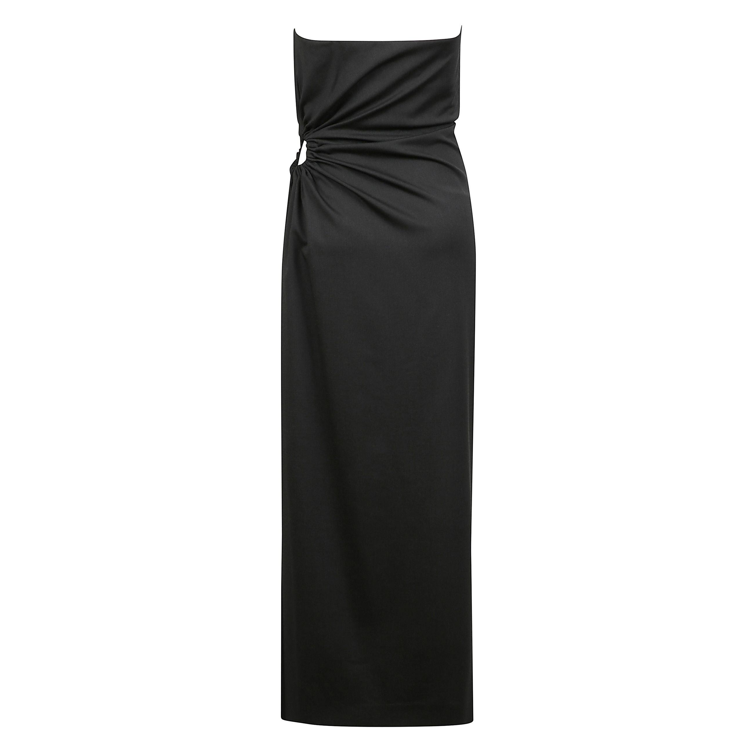 Abito lungo bustier, realizzato in pregiata tela di lana, mohair e seta. modello semifoderato dalla silhouette aderente e femminile con dettaglio cut-out elastico, arricciato e drappeggiato sul fianco sinistro indossato, e profondo spacco asimmetrico sul