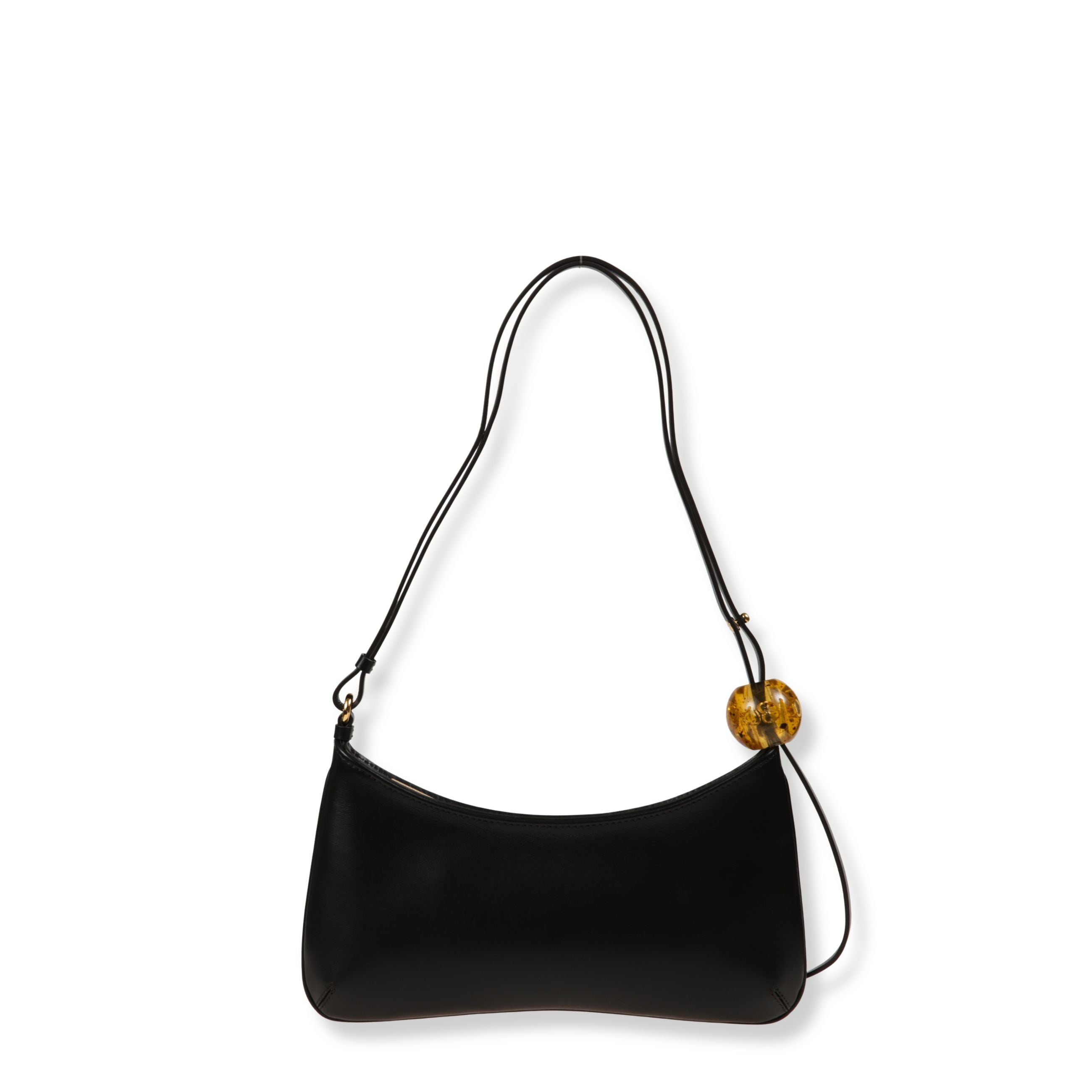 Le bisou perle jacquemus. design in pelle liscia a tinta unita, con chiusura superiore a zip nascosta. tracolla sottile regolabile con due sfere in resina ambrata decorative.