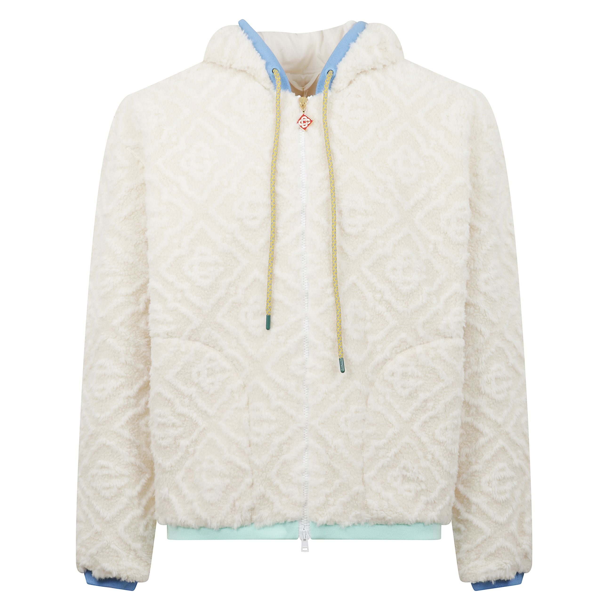 Giacca casablanca in pile con cappuccio foderato. chiusura frontale a zip con pendaglio logo. orli a contrasto.