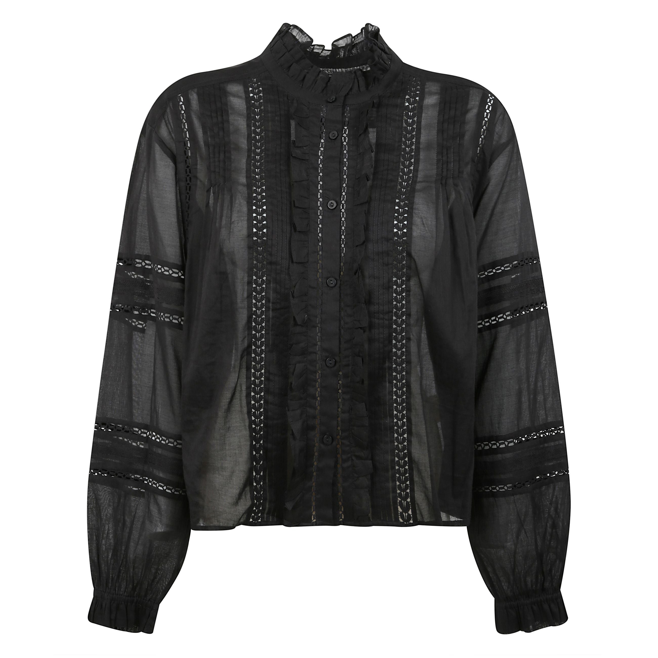 Blusa in cotone, abbottonatura frontale, polsini con bottoni, ricamo inglese, dettagli arricciati.