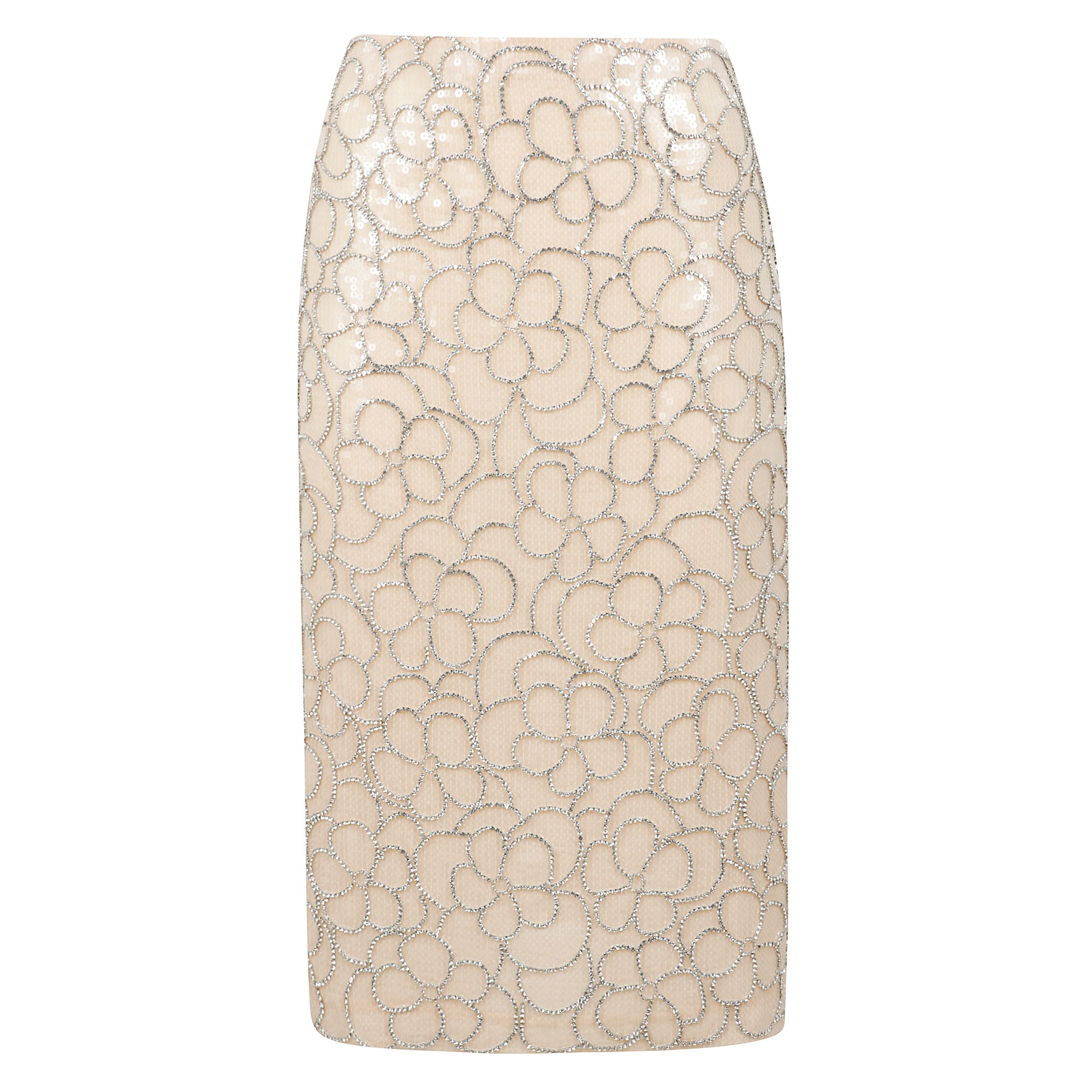 Gonna midi in tessuto paillettato con applicazioni e spacco laterale