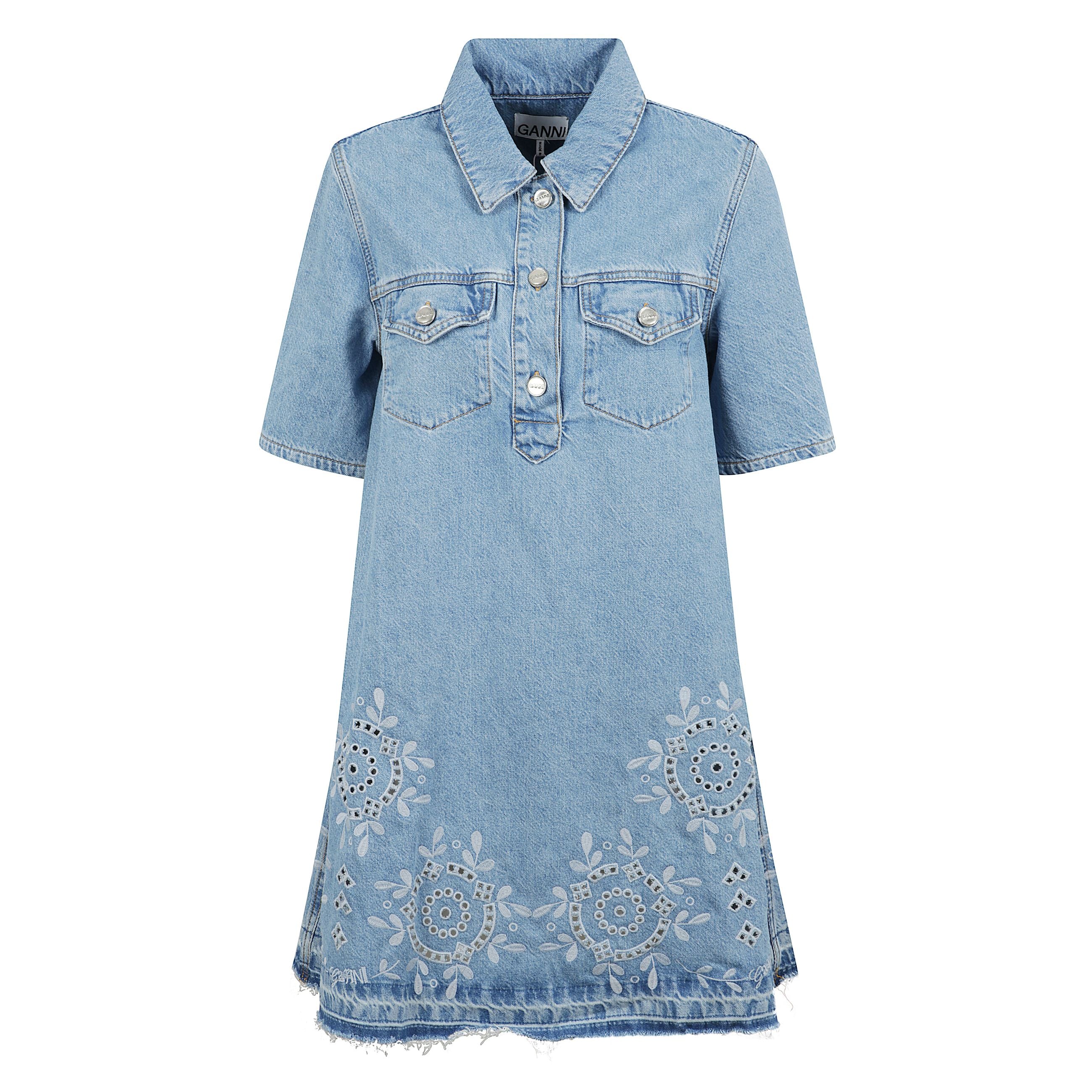 Miniabito in denim con ricamo sangallo