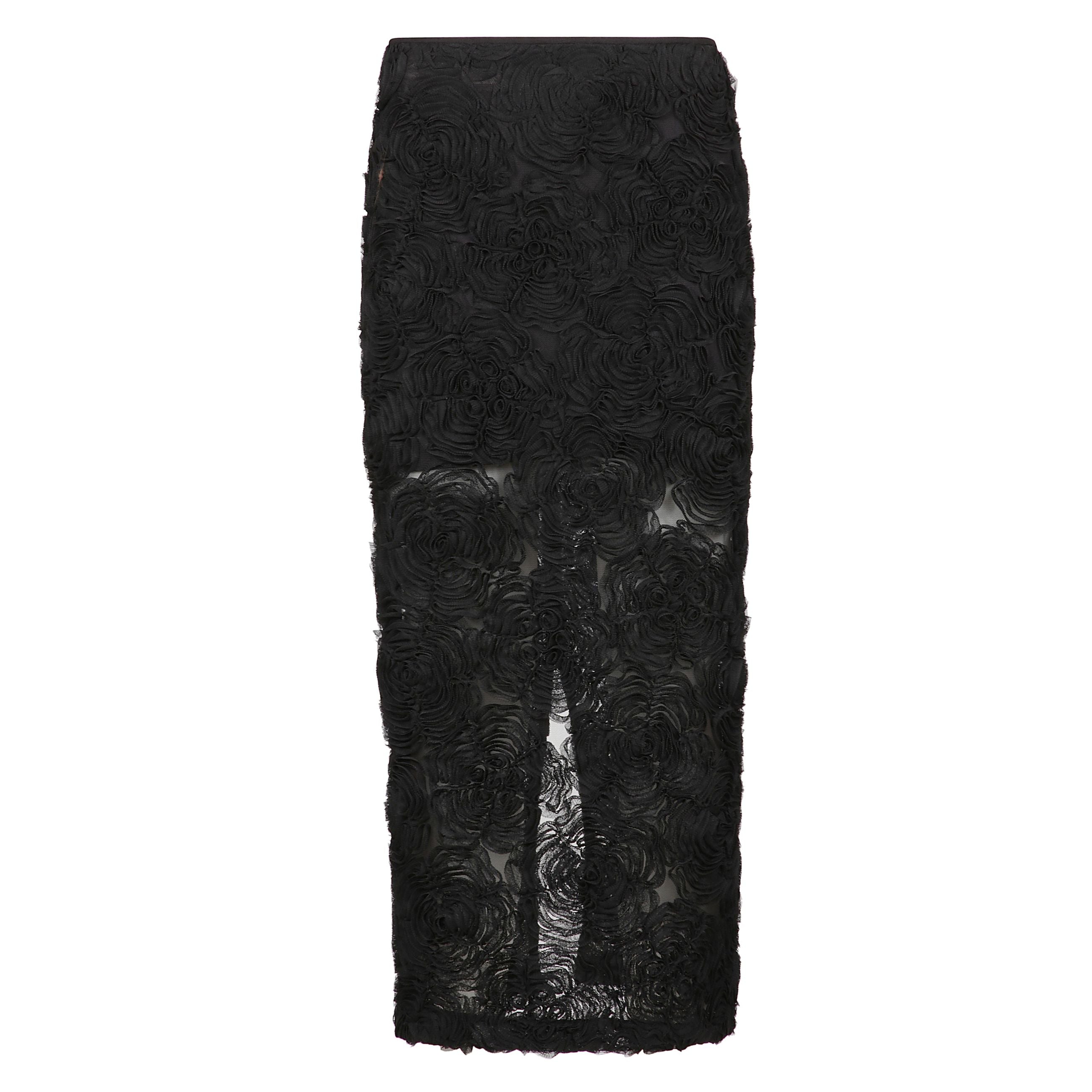 Gonna con paillettes di colore nero a chiusura posteriore con zip nascosta, spacco posteriore e ricamo a fiori all-over