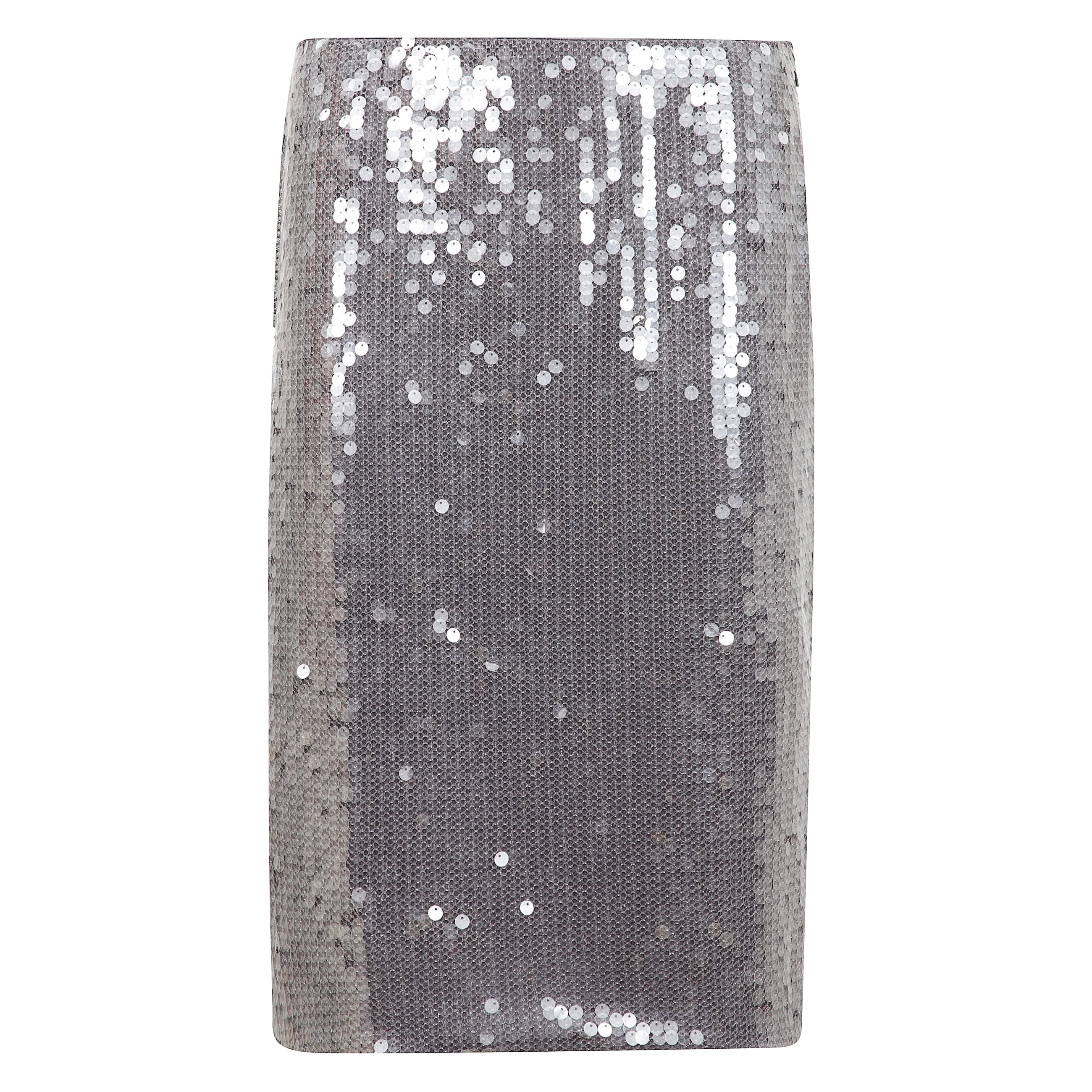 Gonna midi grigia in tessuto tecnico con paillettes applicate all over. chiusura laterale con zip. lunghezza alle ginocchia e vestibilità aderente.