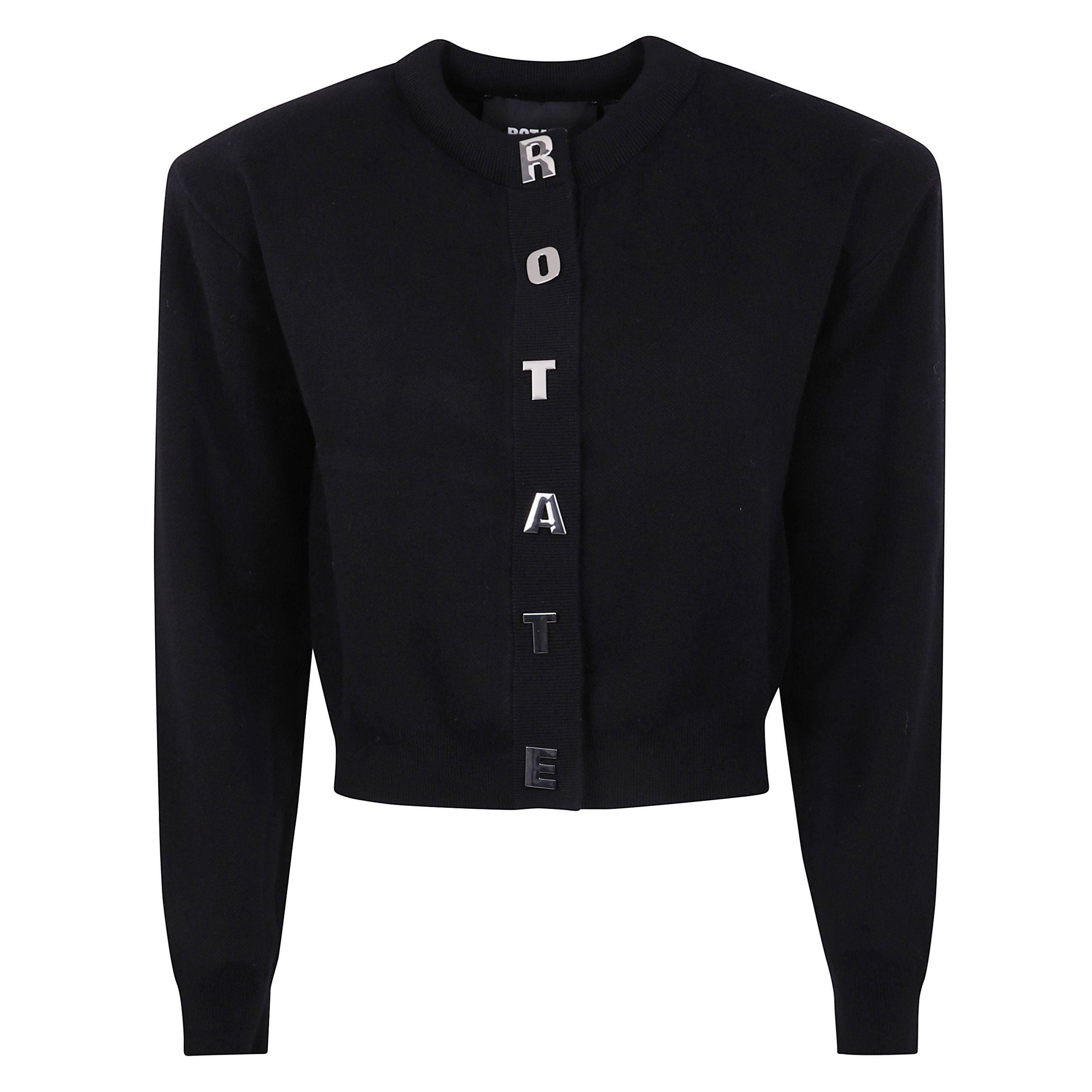 Cardigan nero in morbido cotone biologico. scollo rotondo e chiusura frontale con bottoni metallici che formano la scritta “rotateâ€. maniche lunghe con polsini a coste e orlo leggermente cropped. spalle strutturate con imbottiture removibili.