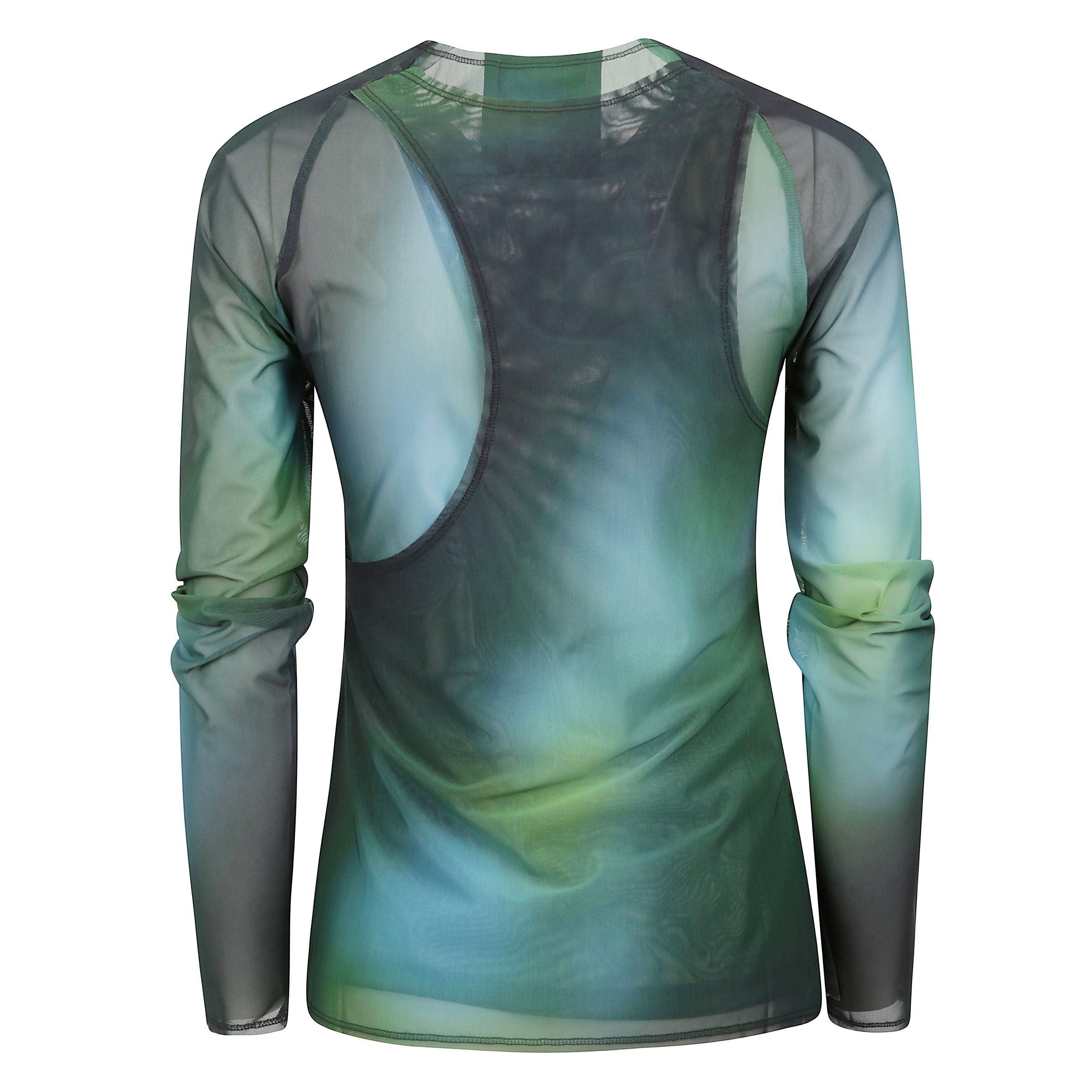 Top a maniche lunghe in elastan semi trasparente, fantasia multicolor e design sfumato