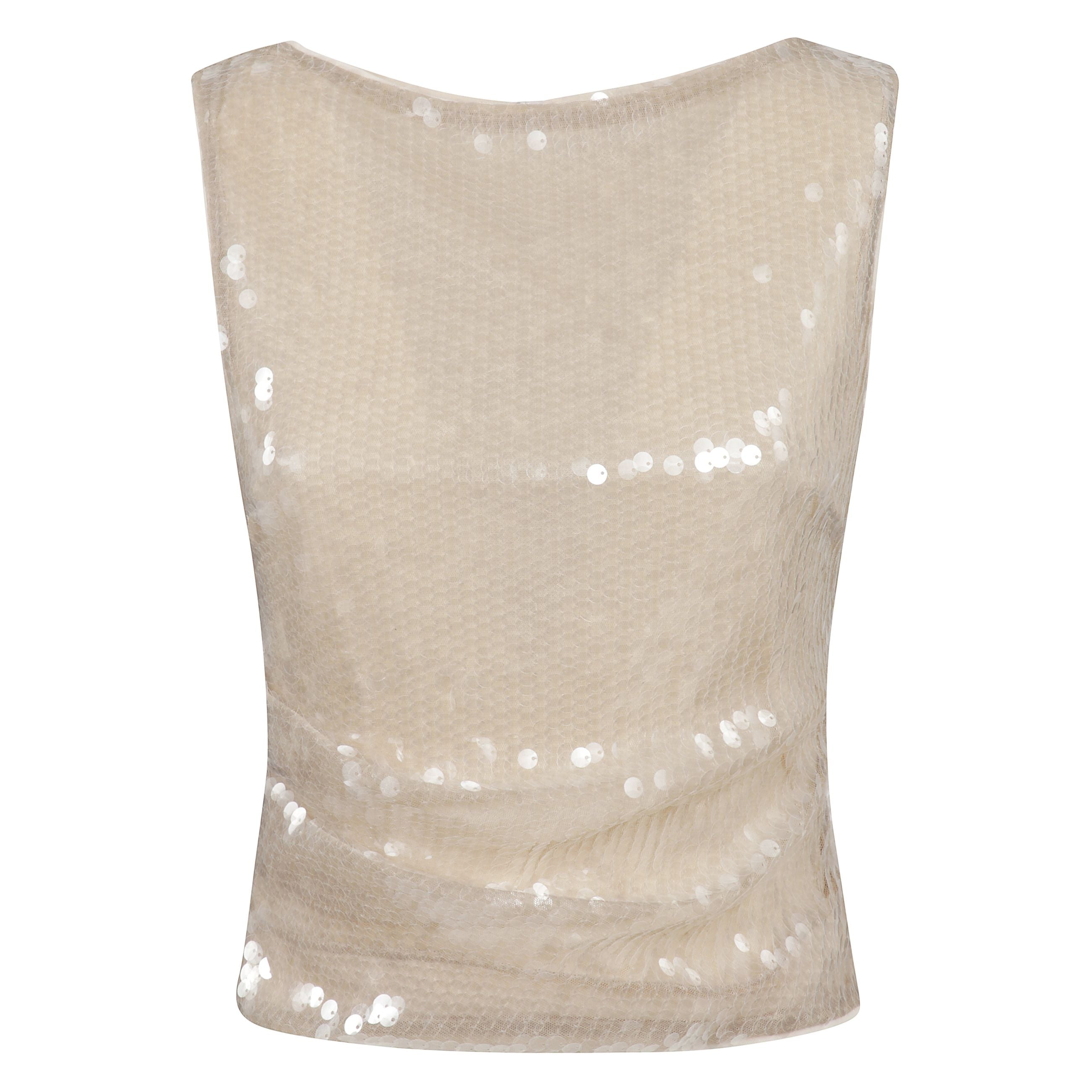 Top con paillettes con chiusura posteriore a bottone singolo
e scollo a barca