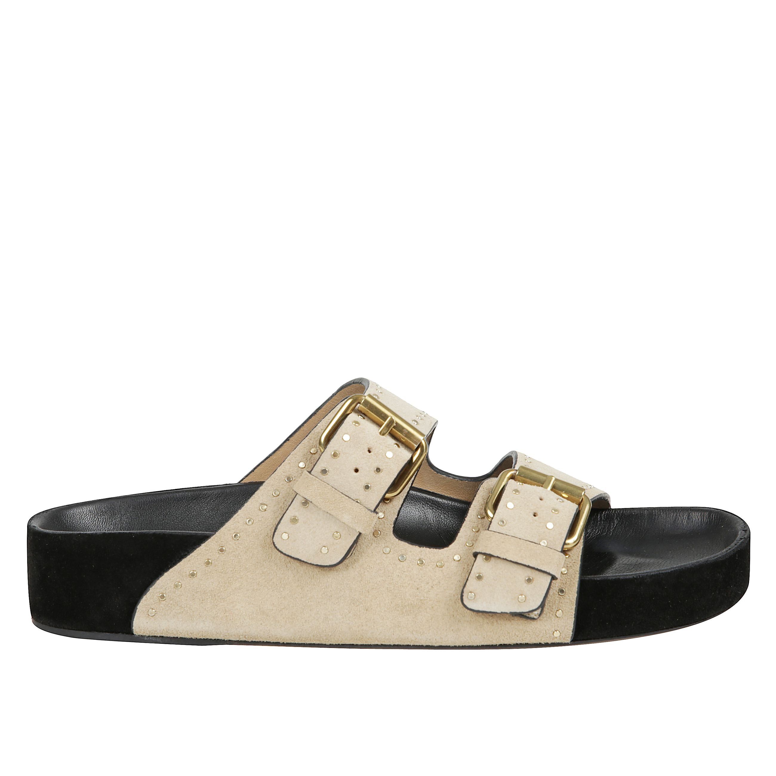 Ciabatte lennyo in pelle scamosciata, due ampi cinturini con fibbie regolabili color oro e piccole borchie metalliche sui cinturini