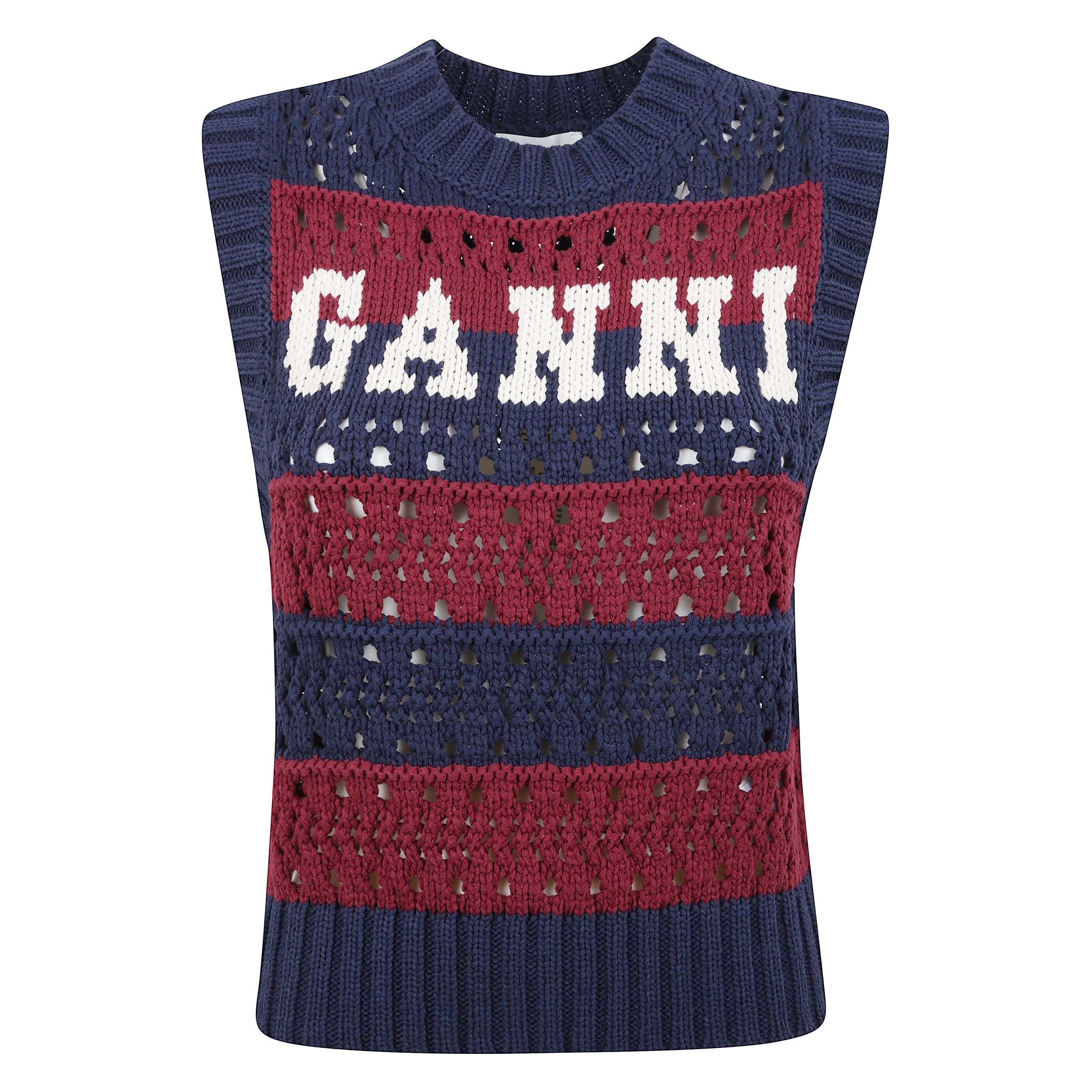 Maglia smanicata con scollo rotondo a costine. motivo a righe orizzontali. finiture a costine. firma ganni sul fronte.