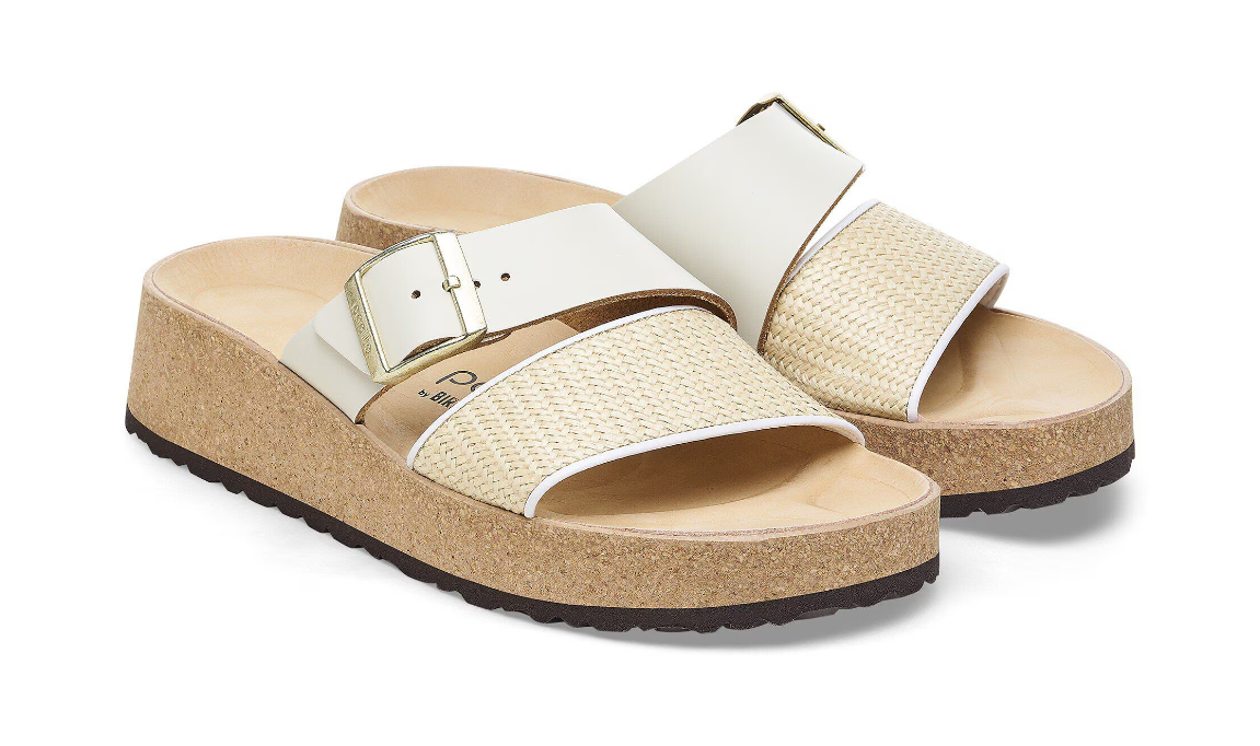 Birkenstock Almina Natural Leather Synthetics - Platform Wedge Sandal - Contoured Cork Latex Footbed - Adjustable Buckle Strap - Lightweight Comfort