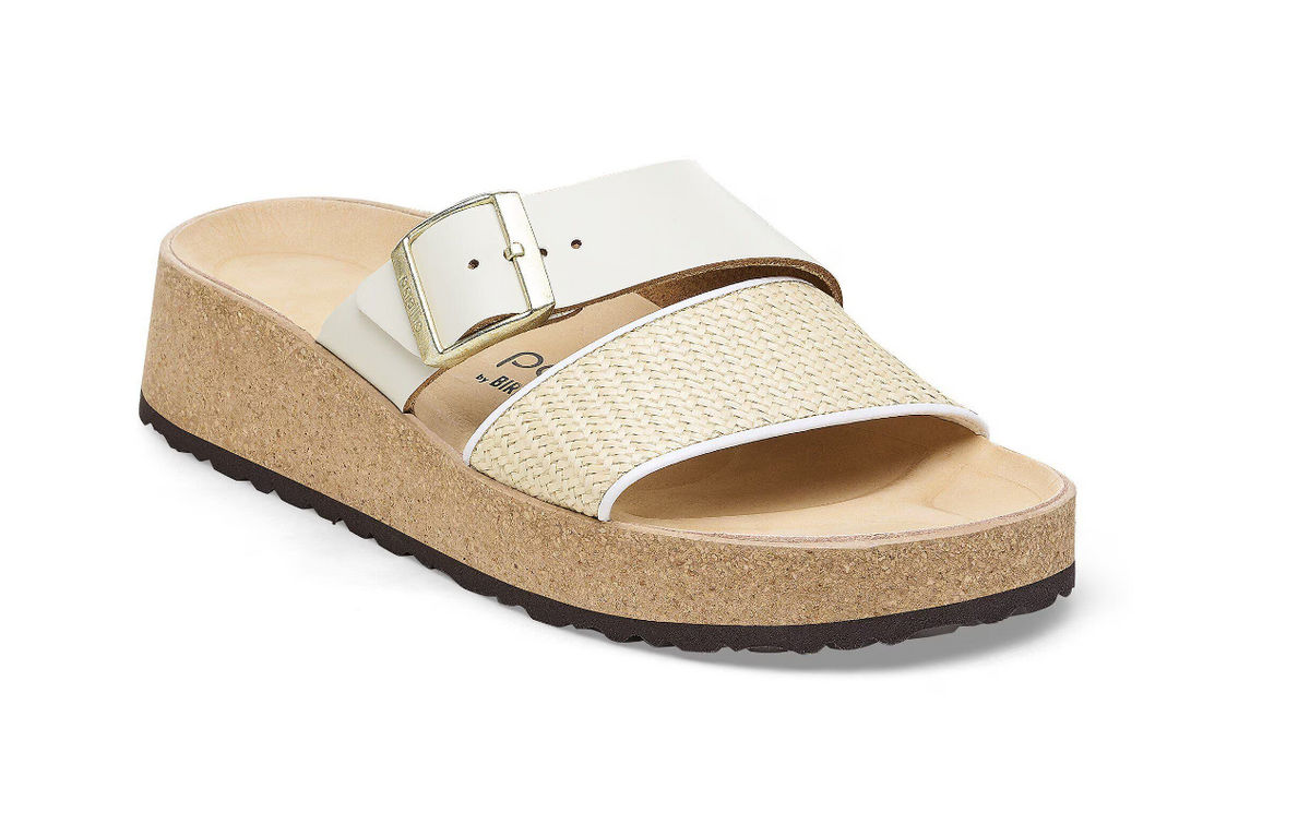 Birkenstock Almina Natural Leather Synthetics - Platform Wedge Sandal - Contoured Cork Latex Footbed - Adjustable Buckle Strap - Lightweight Comfort