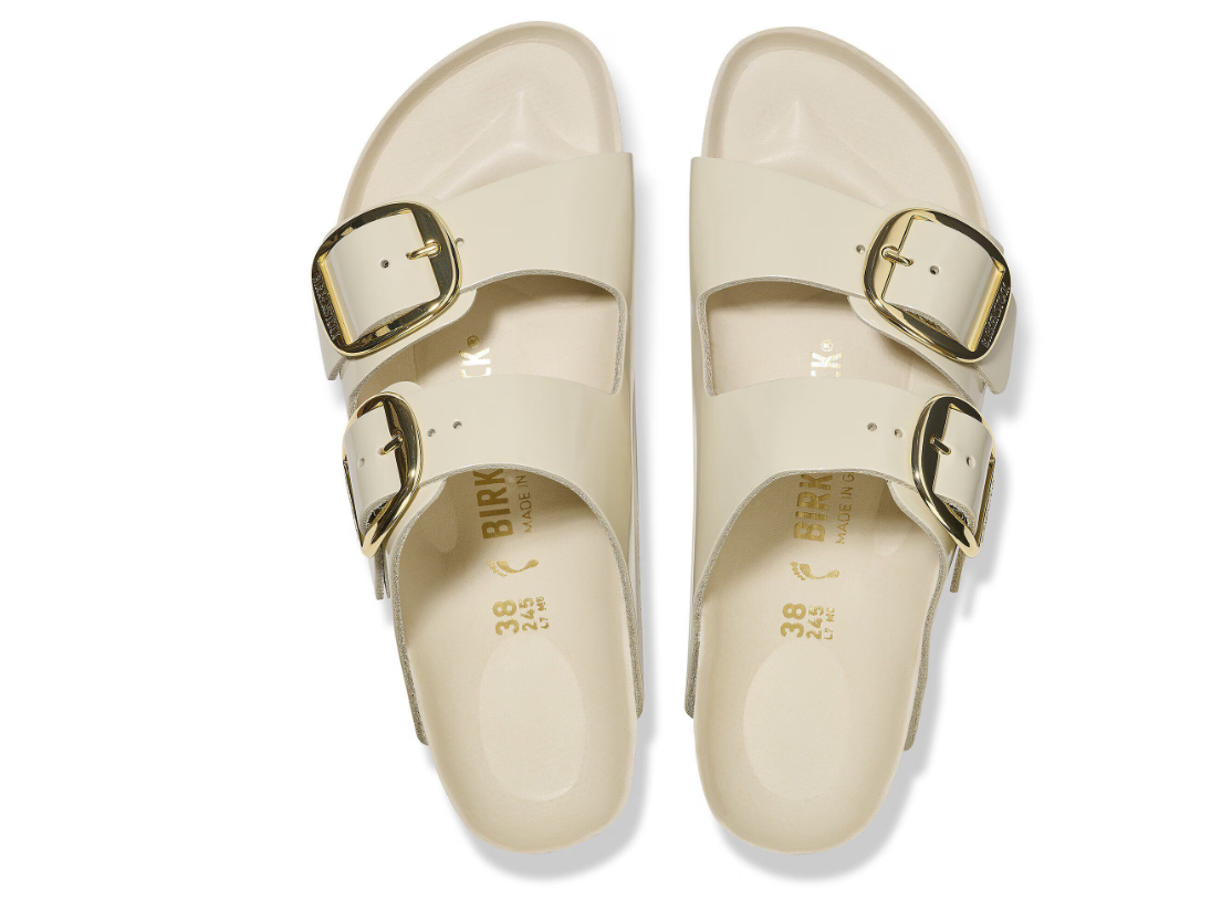Birkenstock Arizona Big Buckle Natural Leather Patent High-Shine Ecru
