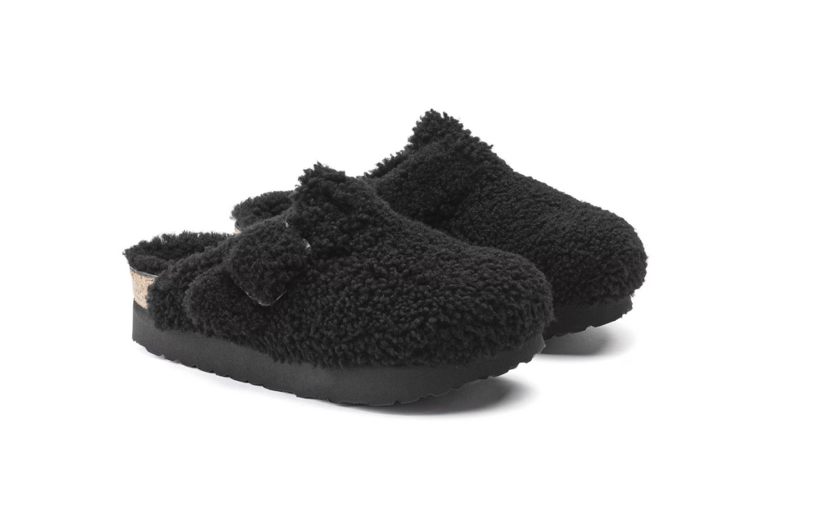 Birkenstock Boston Big Buckle Flex Platform Shearling Teddy Black