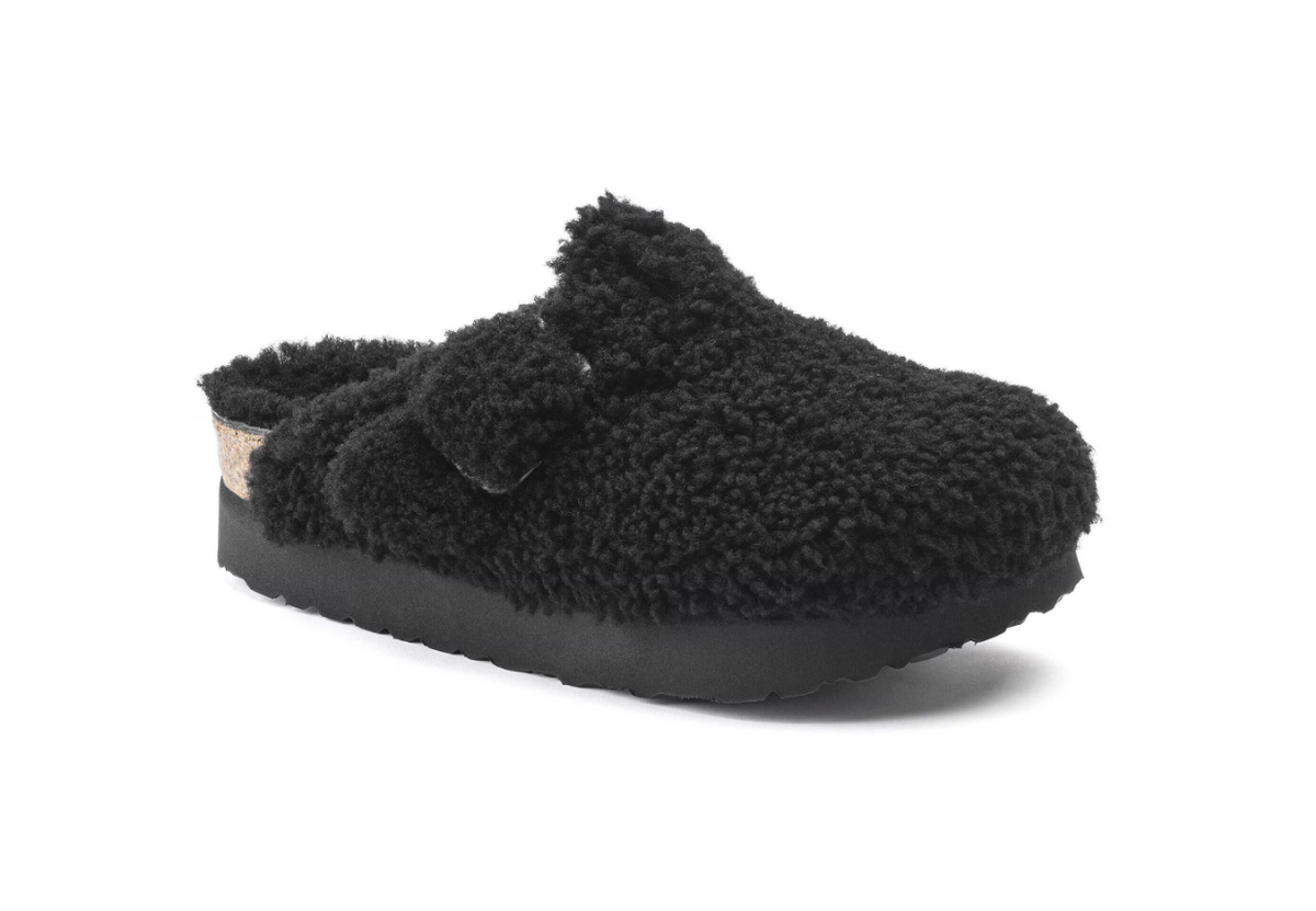 Birkenstock Boston Big Buckle Flex Platform Shearling Teddy Black