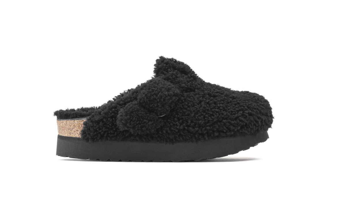 Birkenstock Boston Big Buckle Flex Platform Shearling Teddy Black