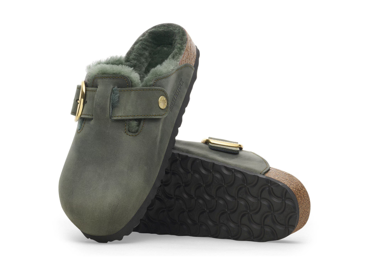 Birkenstock Boston Big Buckle Shearling Oiled Leather Clog Thyme