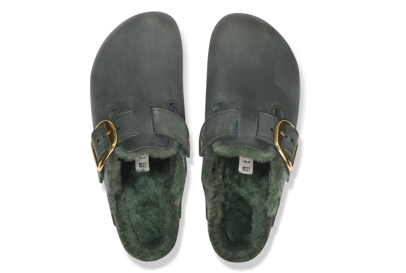 Birkenstock Boston Big Buckle Shearling Oiled Leather Clog Thyme