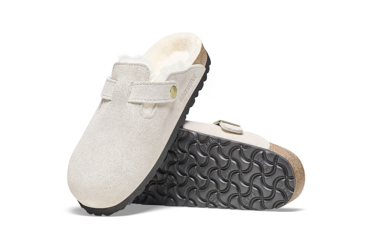 Birkenstock Boston Shearling Antique White Suede Leather Clogs