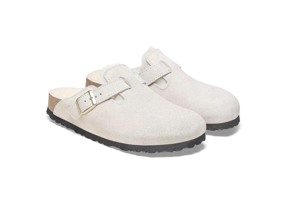 Birkenstock Boston Shearling Antique White Suede Leather Clogs