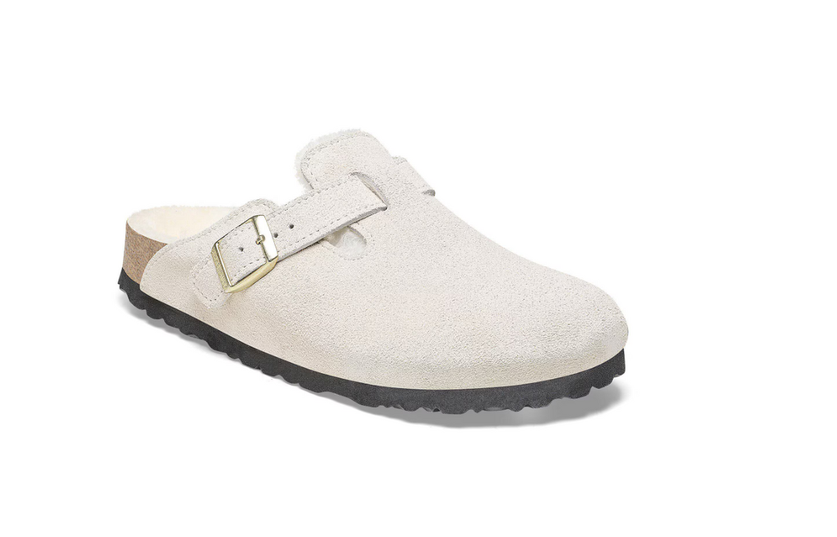 Birkenstock Boston Shearling Antique White Suede Leather Clogs