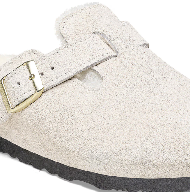 Birkenstock Boston Shearling Antique White Suede Leather Clogs